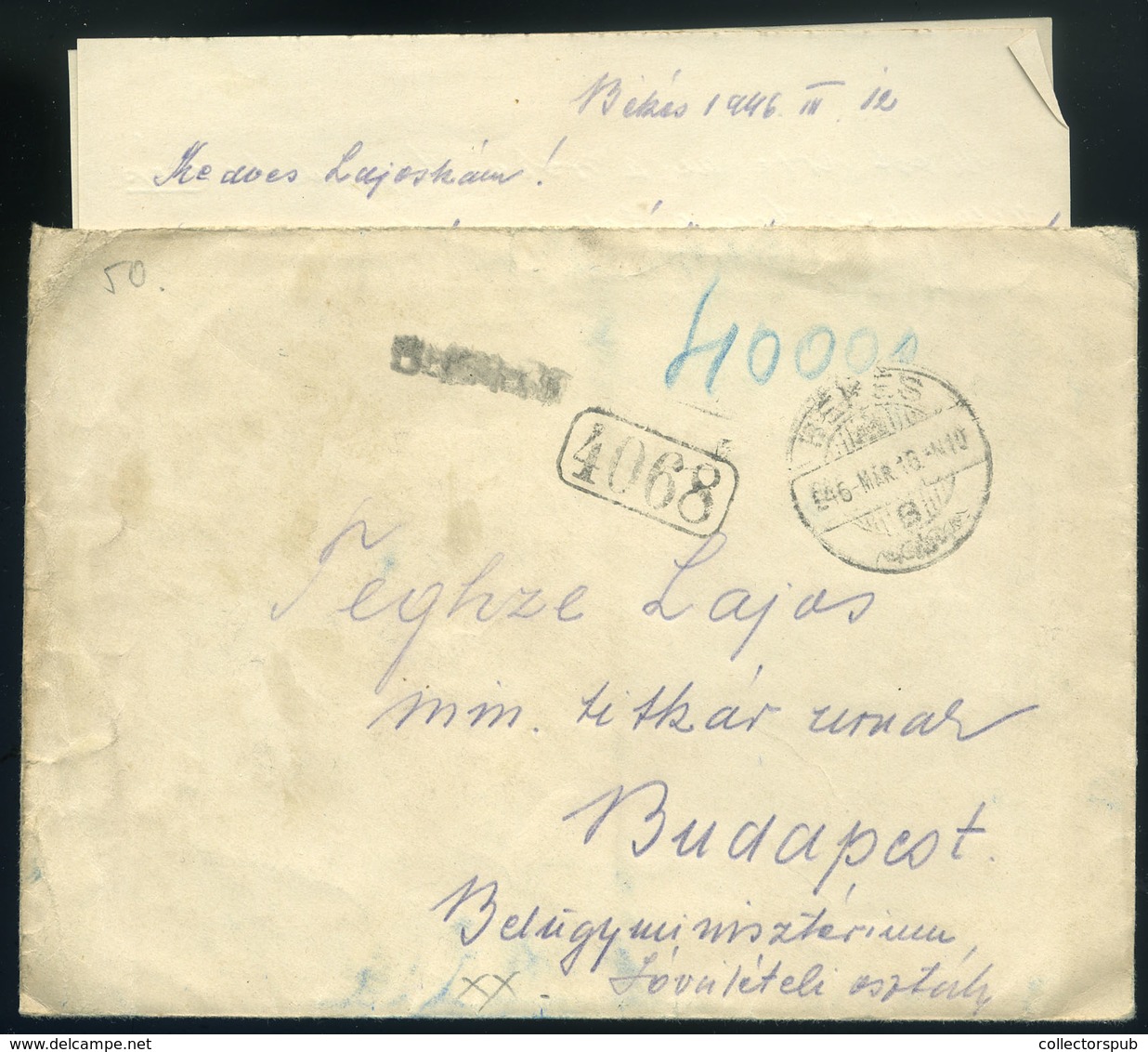BÉKÉS 1946. Levél Kp Bérmentesítéssel Budapestre Küldve - Lettres & Documents