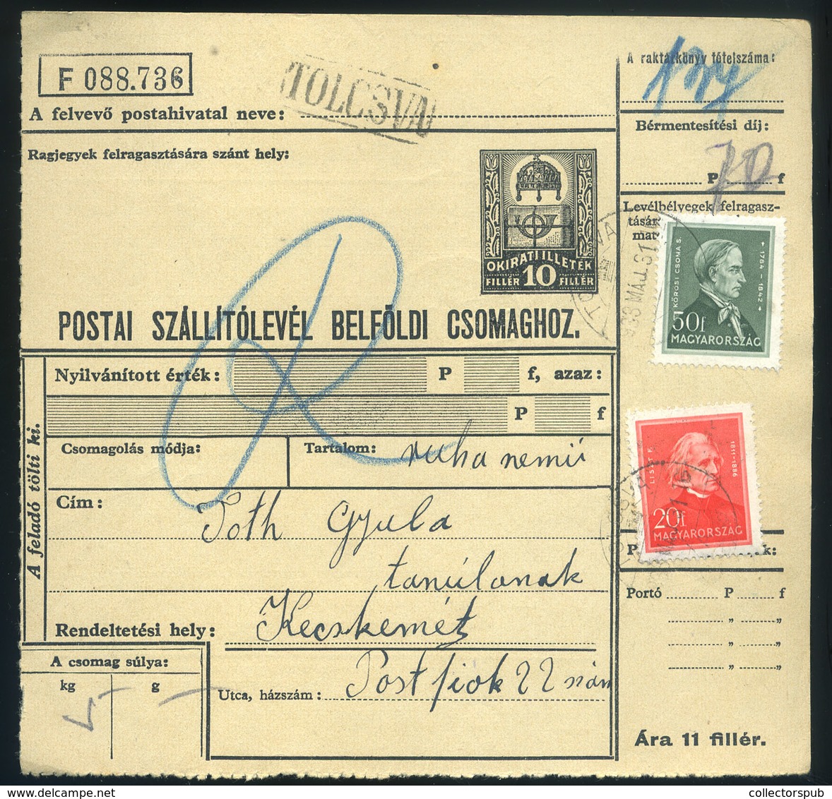 TOLCSVA 1933.   Csomagszállító Arcképek Bérmentesítéssel Kecskemétre - Lettres & Documents