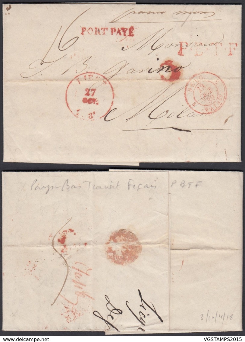 BELGIQUE LETTRE DE LIEGE EN PORT PAYE "P.B.T.F ET MAN "FRANCO MONS" 27/10/1839 VERS MILAN (DD) DC-2300 - 1830-1849 (Belgique Indépendante)