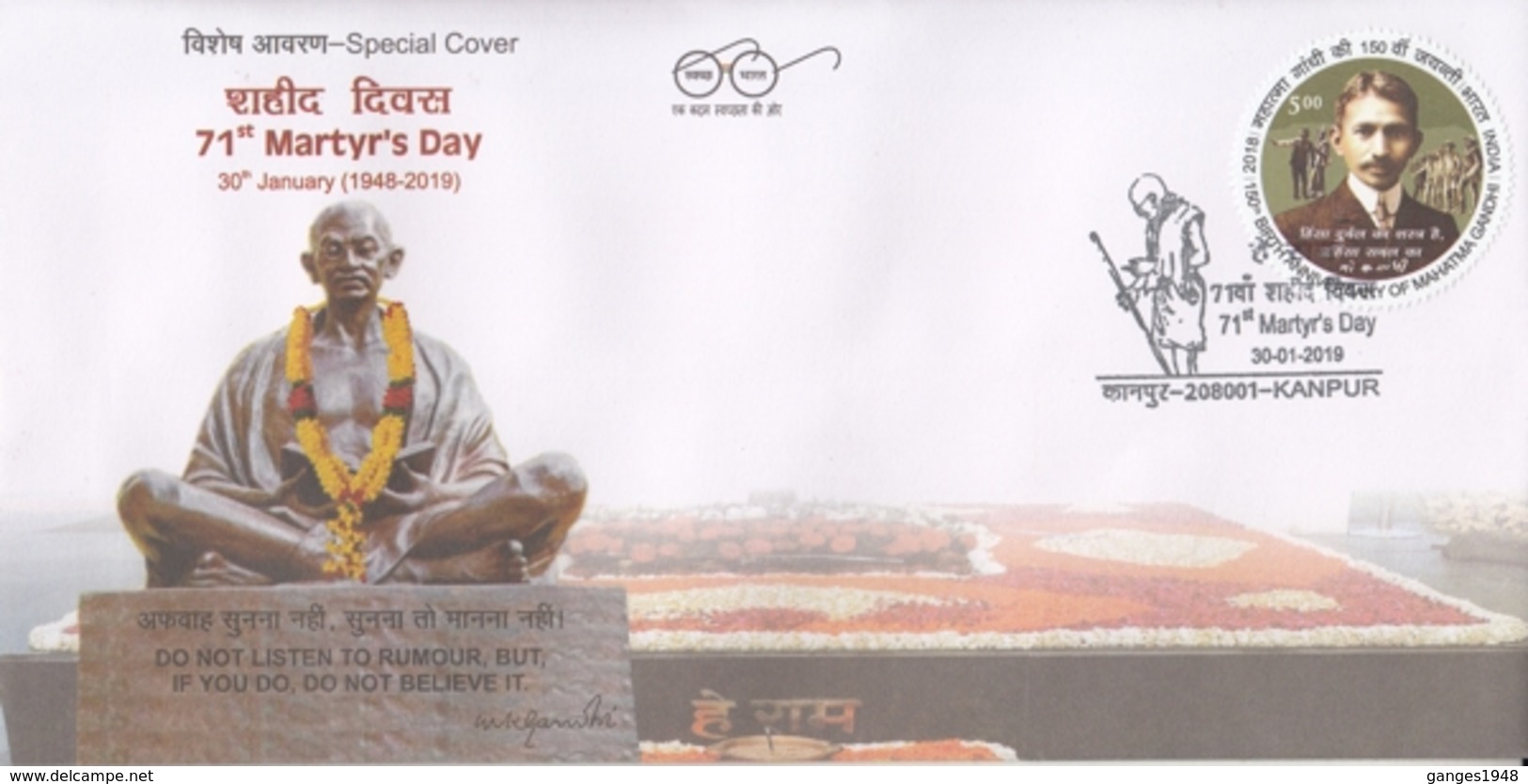 India  2019  Mahatma Gandhi Statue  71 St Martyr's Day  Printed Autograph  Special Cover   # 17291  D  Inde Indien - Mahatma Gandhi