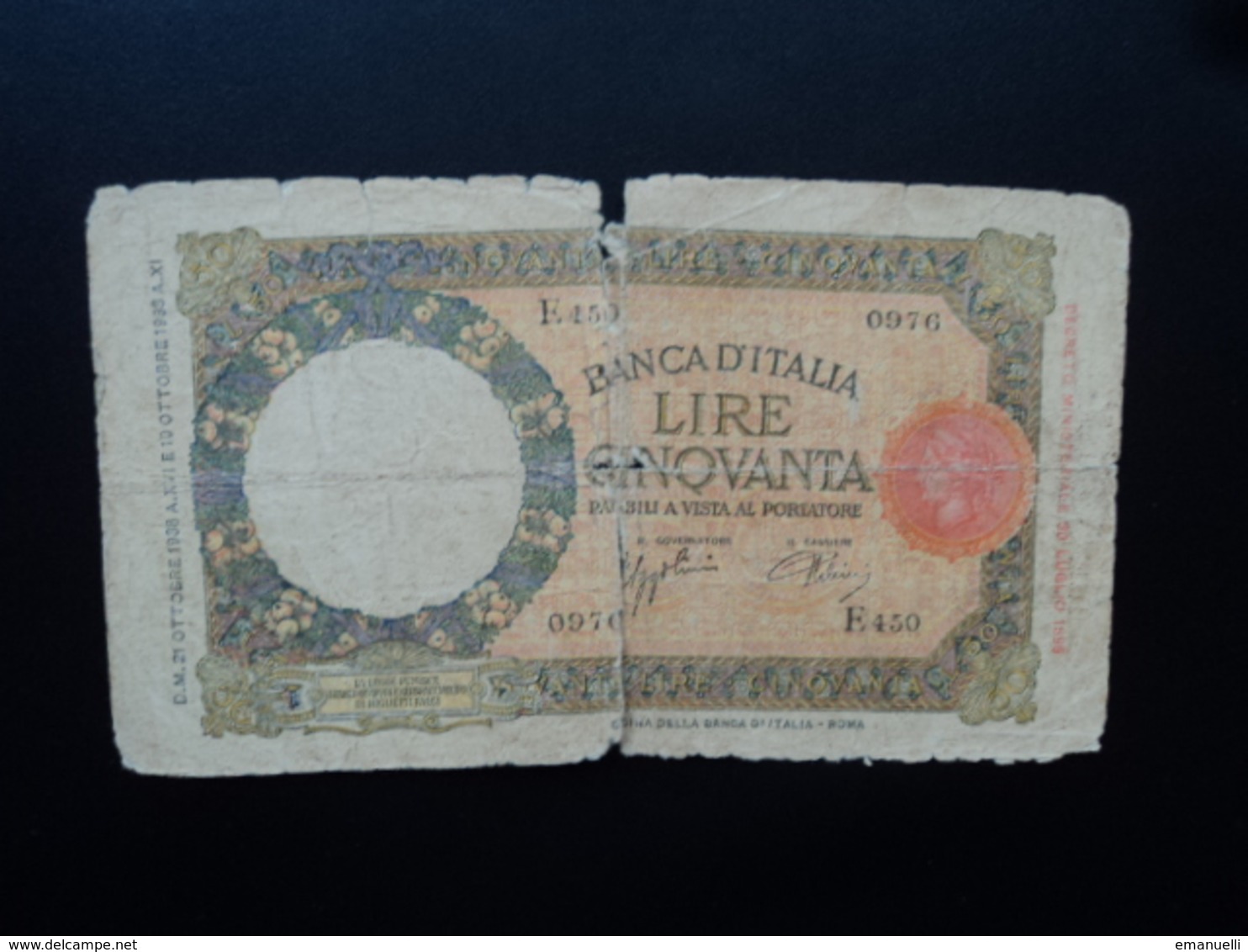 ITALIE : 50 LIRE   21.10.1938   C.I.7 BS 115 * / P 54b     AB - 50 Liras