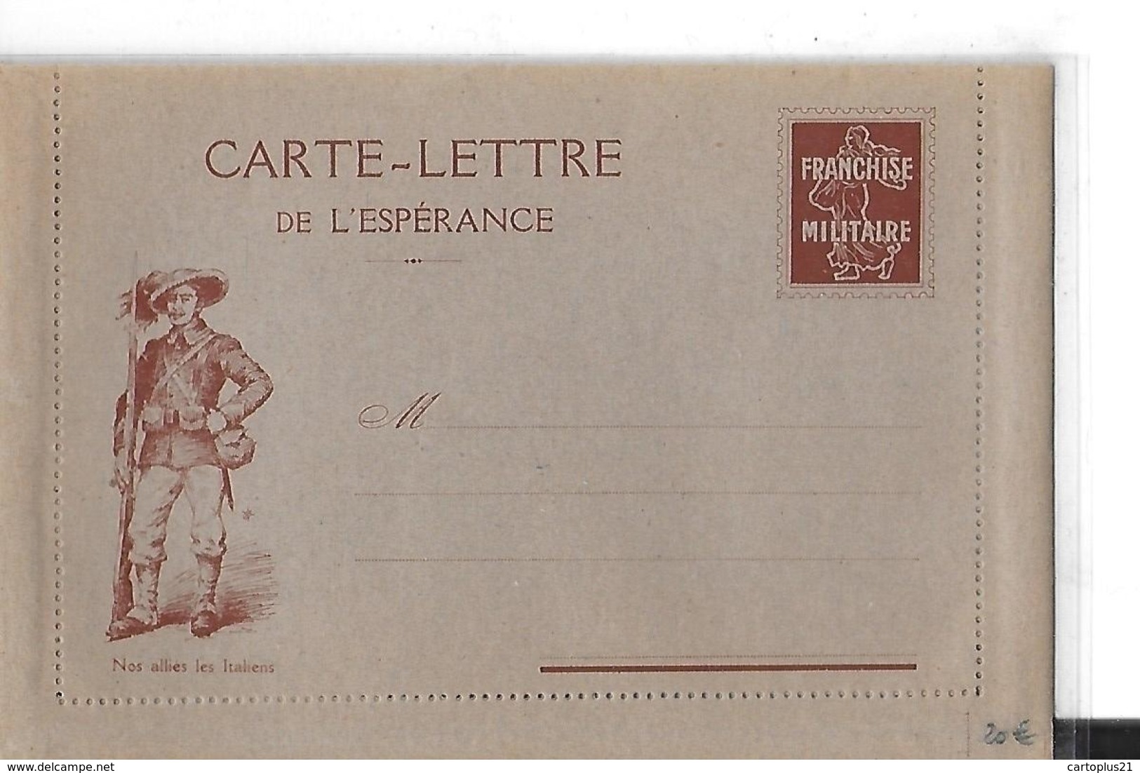 THEME . MILITAIRES    FRANCHISE  MILITAIRE CARTE LETTRE DE L ESPERANCE  .  NOS ALLIES LES ITALIENS - Autres & Non Classés