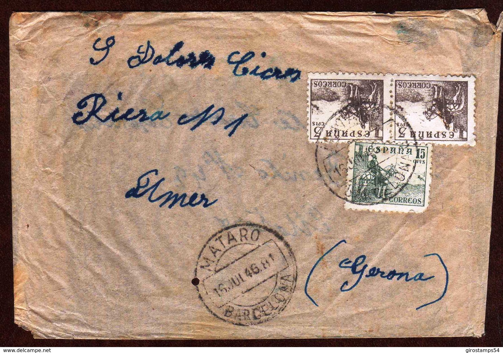 Girostamps54.- CARTA CIRCULADA DESDE MATARÓ A AMER /GIRONA/ - Cartas & Documentos