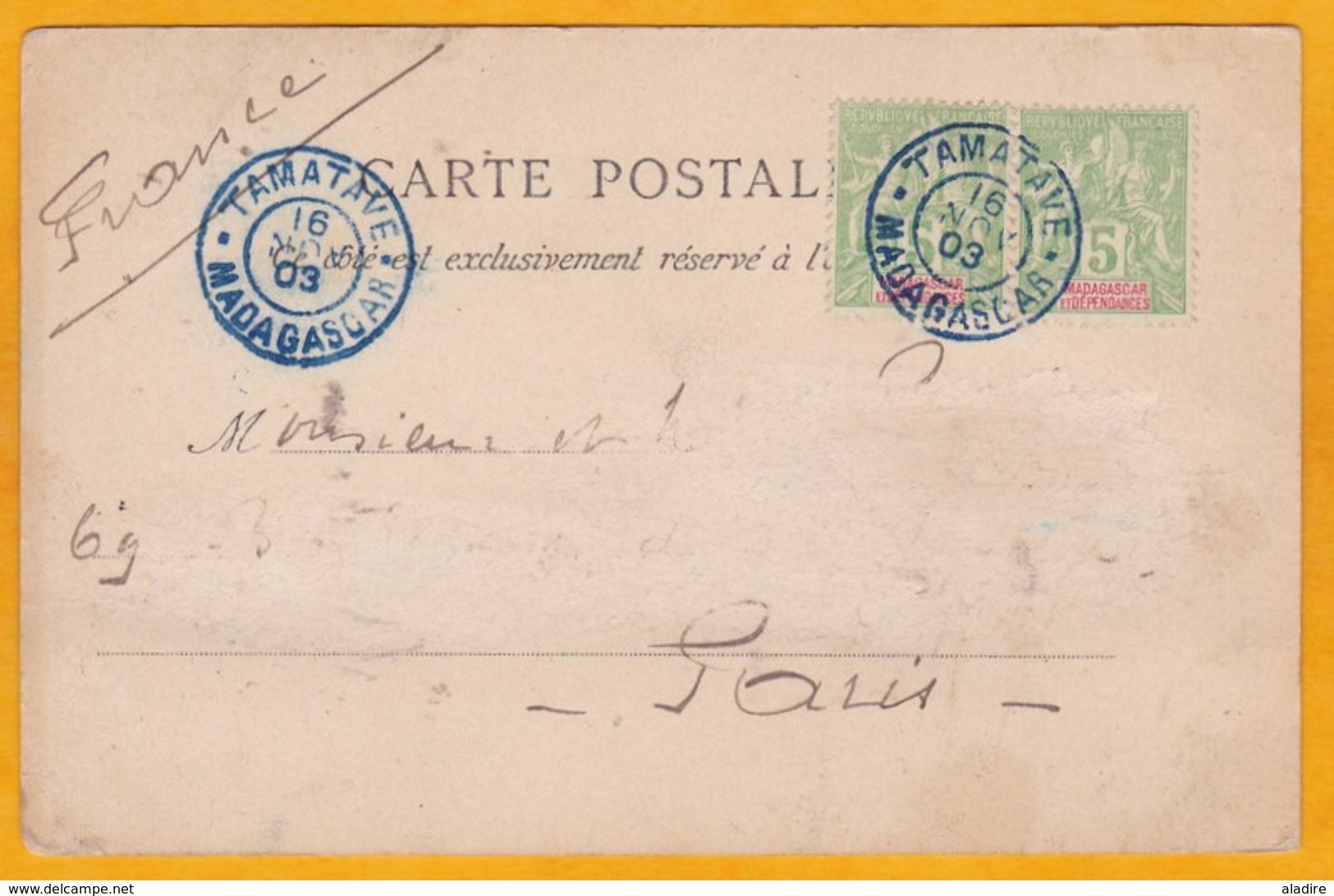 1903 - Paire De 5 C Groupe Sur CP De Tamatave, Madagascar Vers Paris, France - Oblitération Bleue - Storia Postale