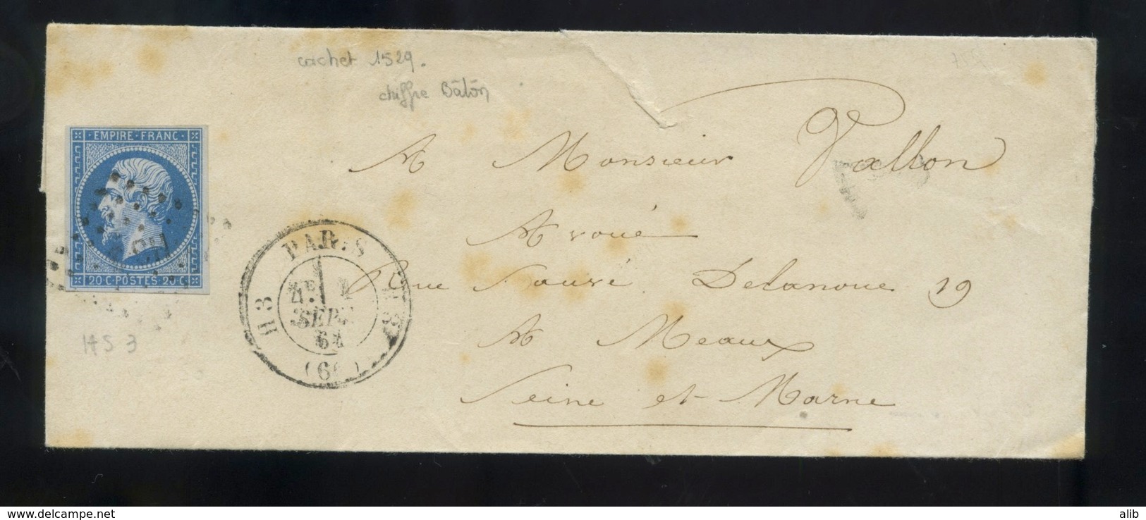 Lettre France 1853-60 Emission Empire Napoléon III Non Dentelé 20c Bleu Type I No14a. Chiffre Baton HS 3 + 1529 - 1849-1876: Période Classique