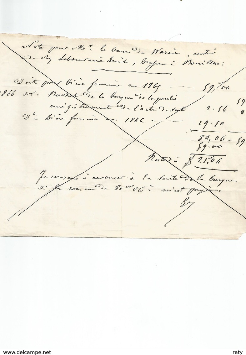 Note Pour Le Baron De Warzee à BOUILLON à Labouverie Emile, Brasseur, Pour Vente De Bière Fournie En 1866. - Food