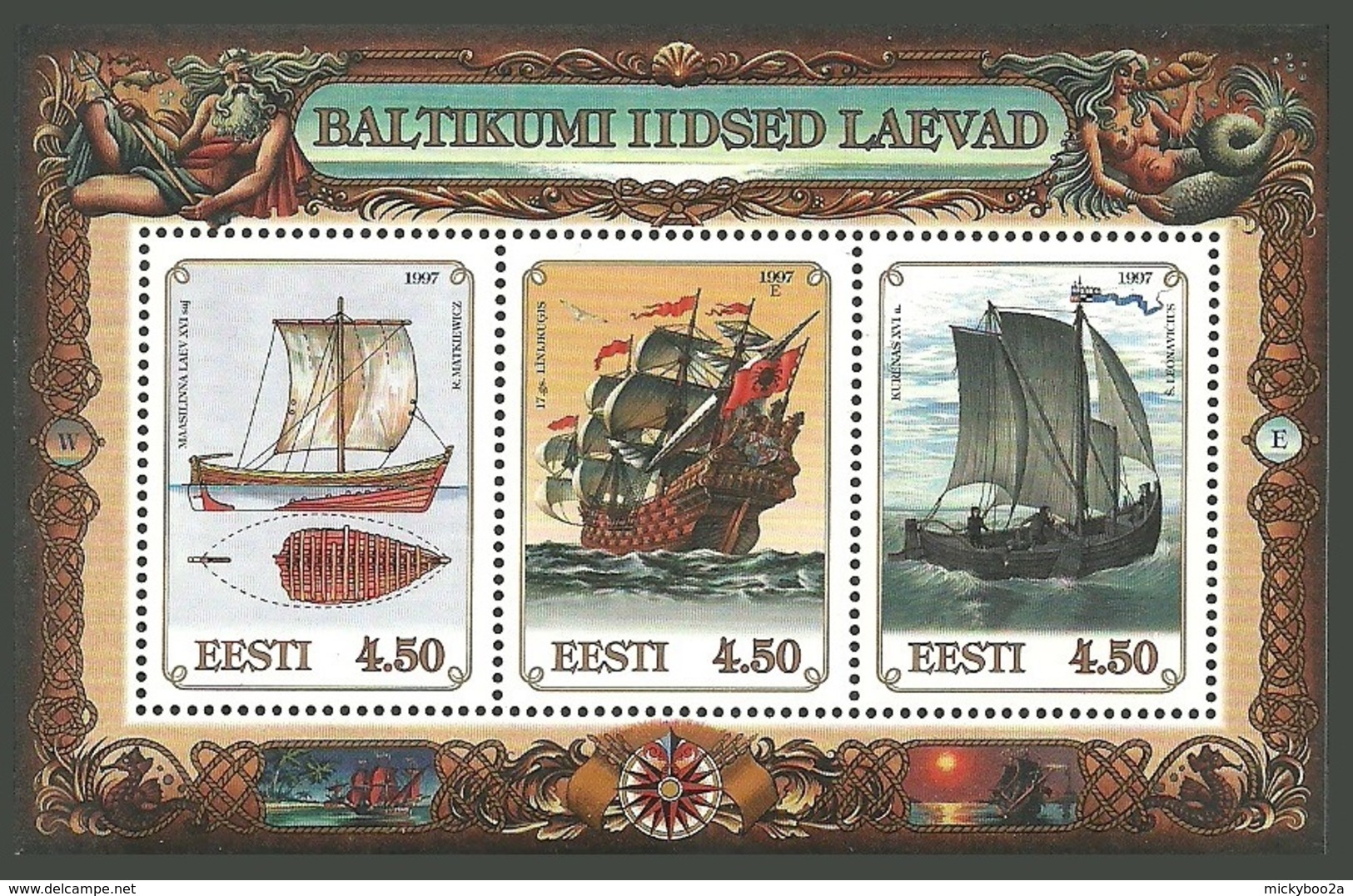 ESTONIA 1997 BALTIC SHIPS MARINE LIFE MERMAIDS SEAHORSE NEPTUNE SHELL SHEET MNH - Estonia