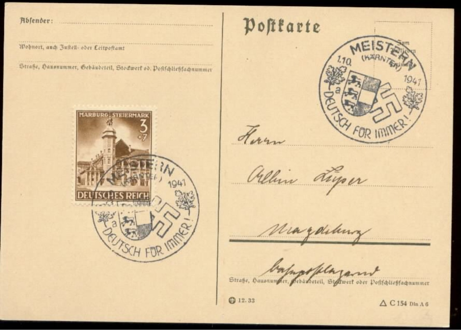 P0749 - DR Postkarte : Gebraucht Mit Sonderstempel Meistern Kärnten 1941 - Covers & Documents