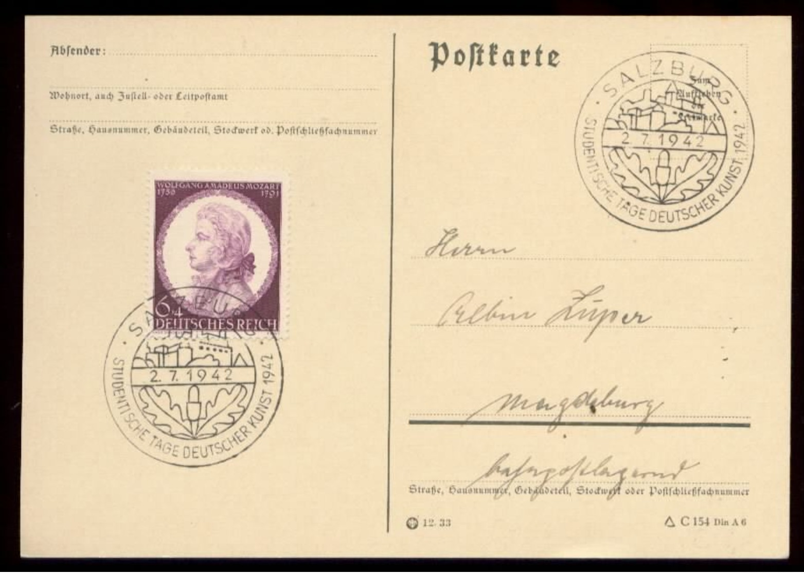 P0744 - DR Postkarte : Gebraucht Mit Sonderstempel Studenten Tage Der Deutscher Kunst Salzburg 1942 - Covers & Documents