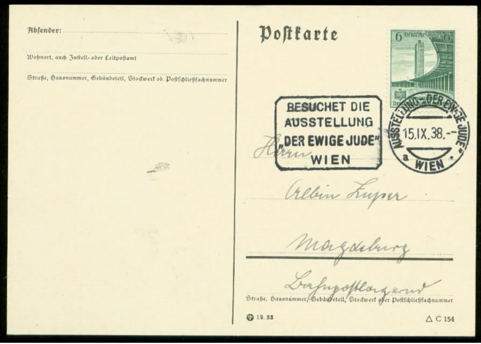 P0732 - DR Postkarte : Gebraucht Mit Sonderstempel Ausstellung , Der Ewige Jude Wien 1938 - Covers & Documents