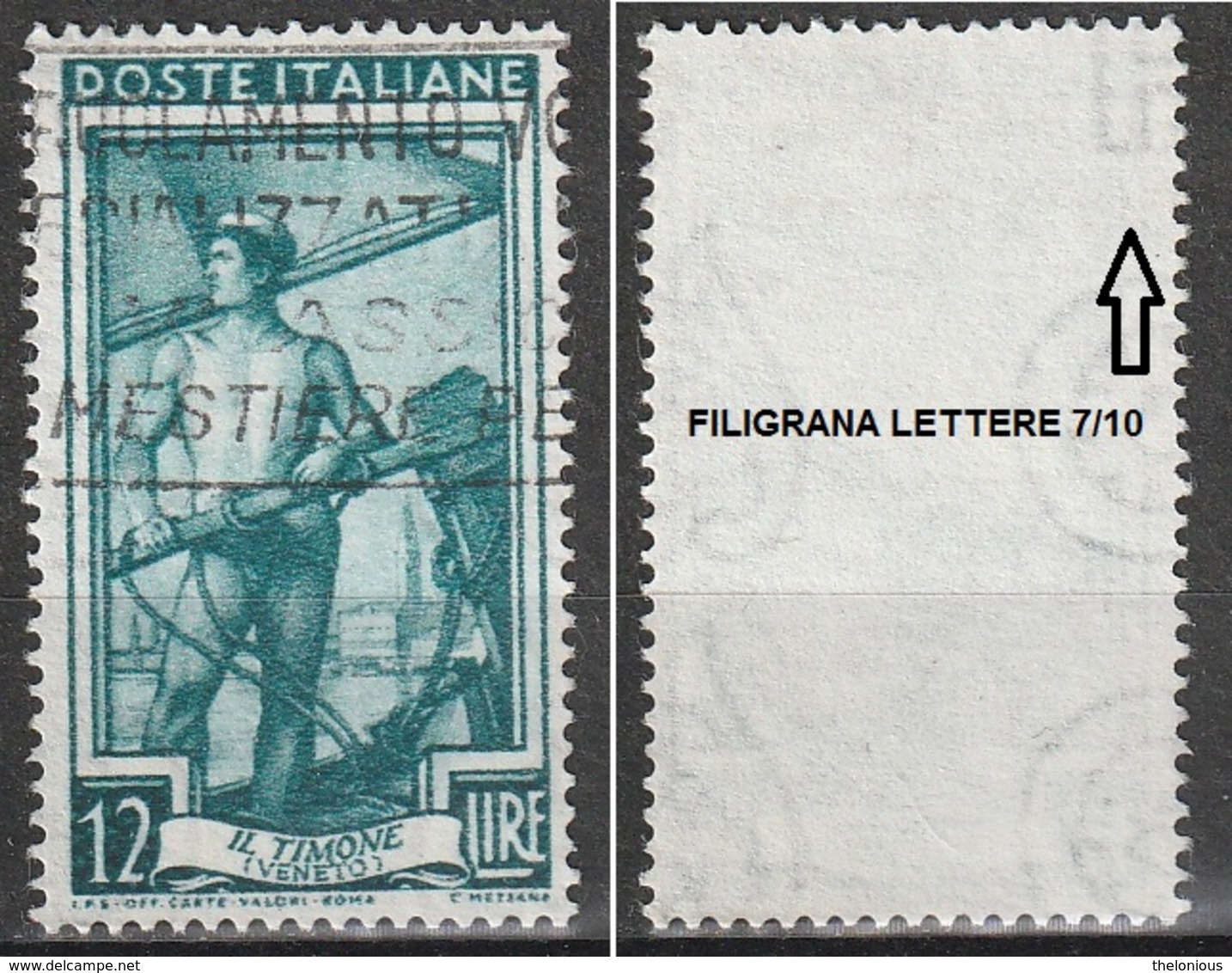 Filigrana Lettere Alta 7/10 - 12 Lire Ruota 3° DA Italia Al Lavoro - 1946-60: Usati