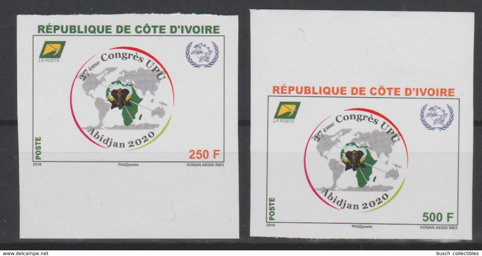 Côte D'Ivoire Ivory Coast 2018 IMPERF ND 27ème Congrès UPU Union Postale Universelle Map Elephant Elefant 2 Val. - Poste