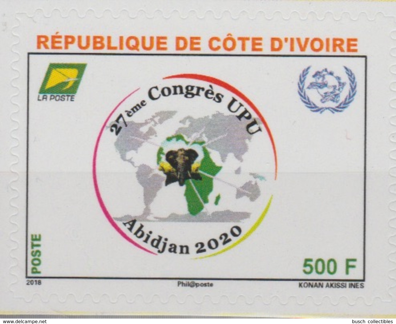 Côte D'Ivoire Ivory Coast 2018 Adhésif Adhesive Skl. 27ème Congrès UPU Union Postale Universelle Map Elephant Elefant - Poste