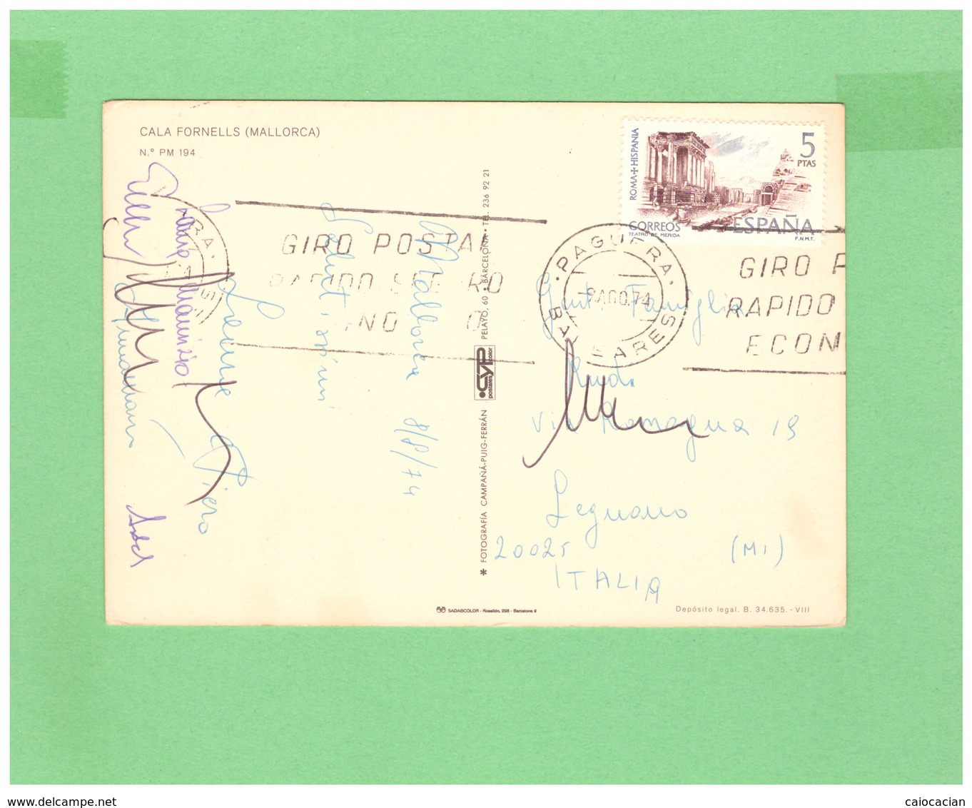 1974 ESPANA AIR MAIL POSTCARD MALLORCA WITH 1 STAMP TO ITALY - Storia Postale