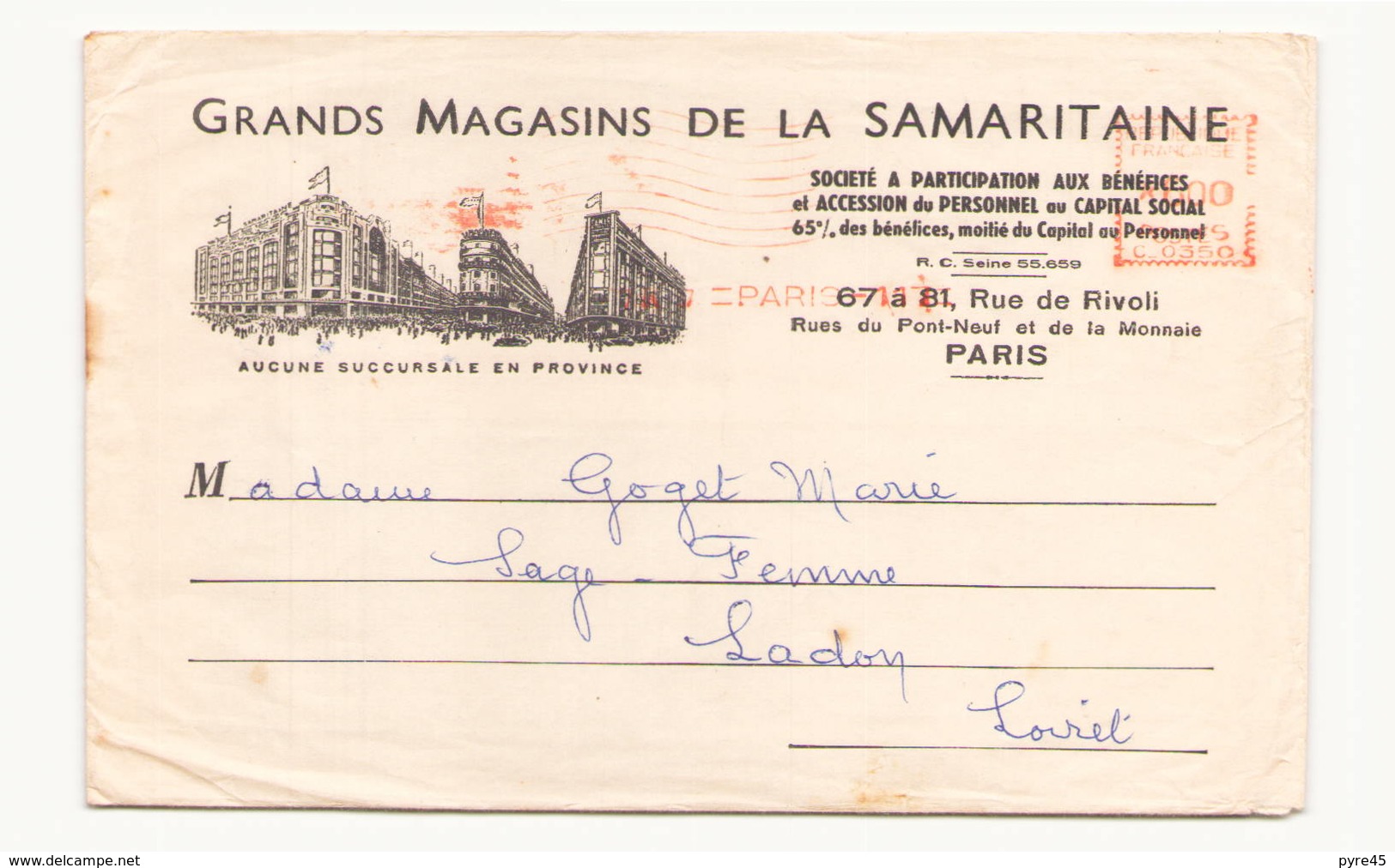 Enveloppe à En-tête " Grands Magasins De La Samaritaine à Paris " Pour Ladon - Autres & Non Classés