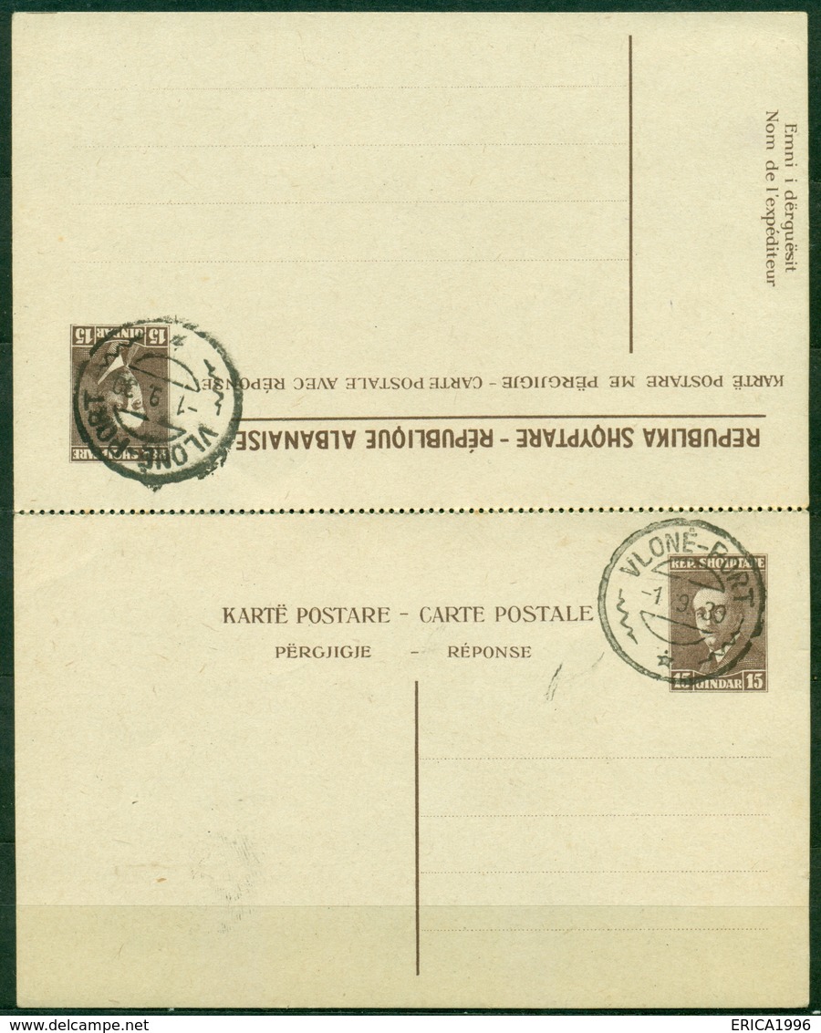 V8875 ALBANIA SHQIPËRIA 1930 Re Zog I, Cartolina Postale Da 15+15 Q. Con Risposta (Përgjigie), Annullo Di Vlonë-Port - Albania