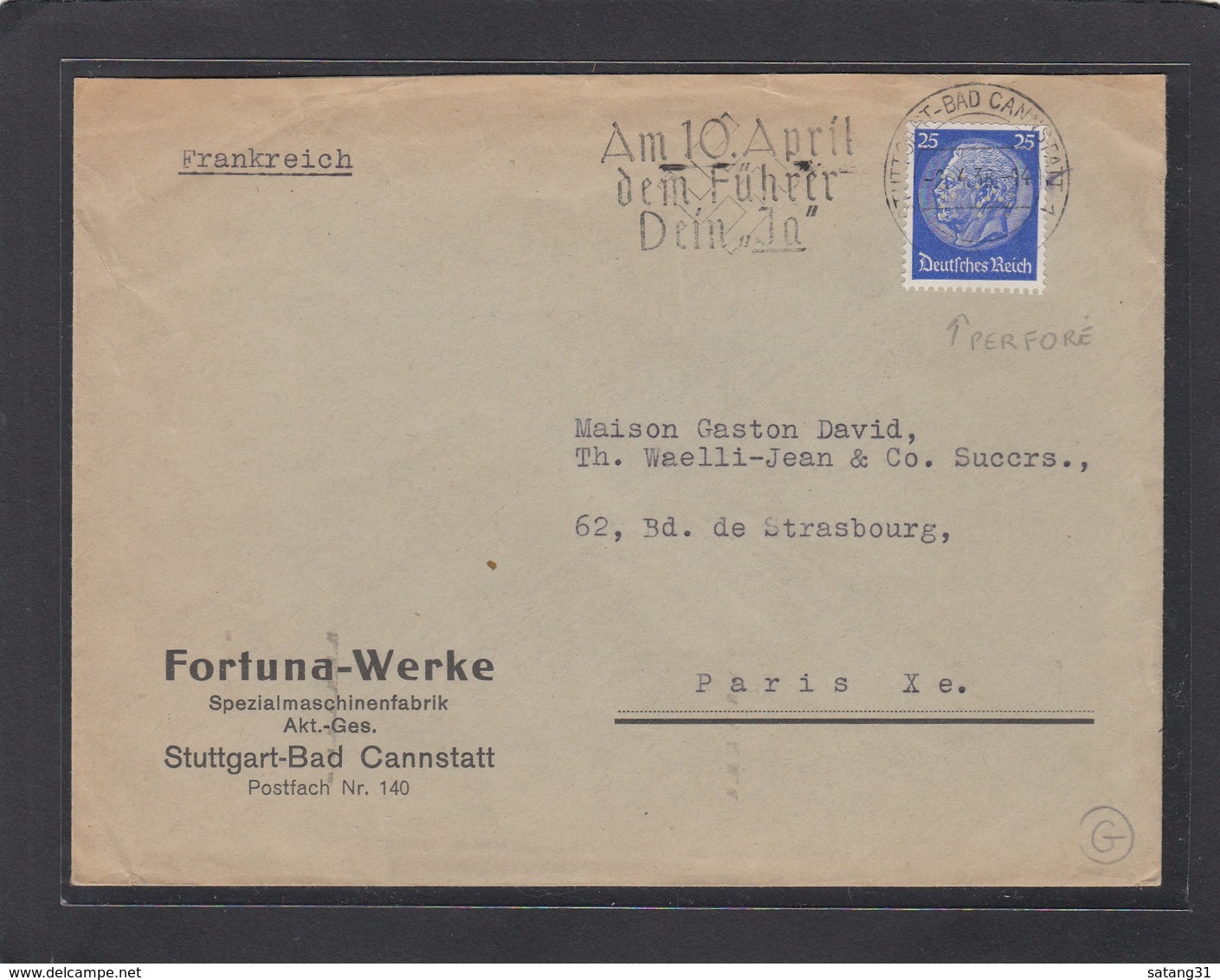 PERFORATIO/PERFIN/FIRMENLOCHUNG. FORTUNA WERKE,STUTTGART-BAD CANNSTATT. - Lettres & Documents