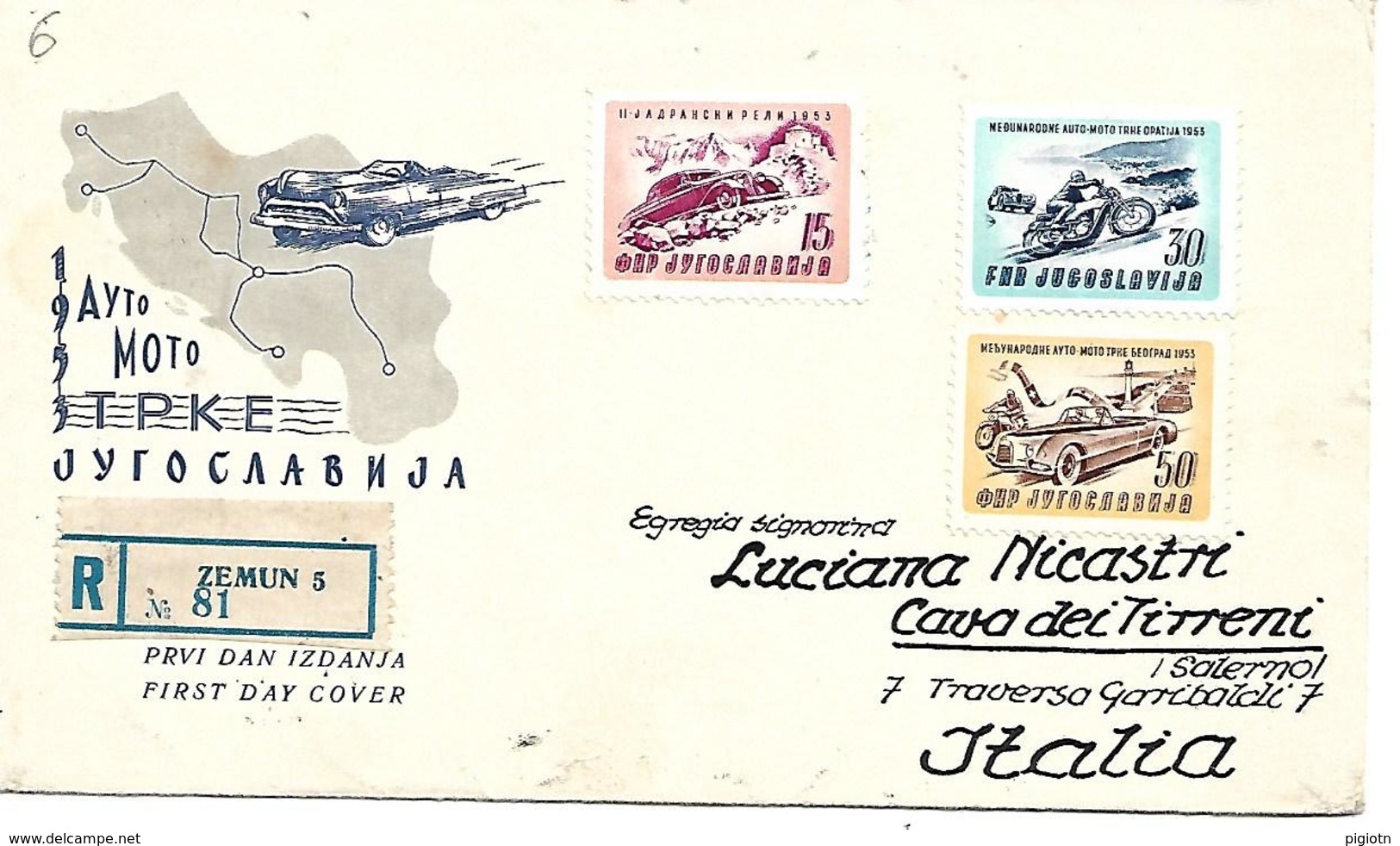 COR092 - RACCOMANDATA DA ZEMUN A CAVA DEI TIRRENI CON FRANCOBOLLI JUGOSLAVIA CORSE AUTO E MOTO- 1953 - Moto