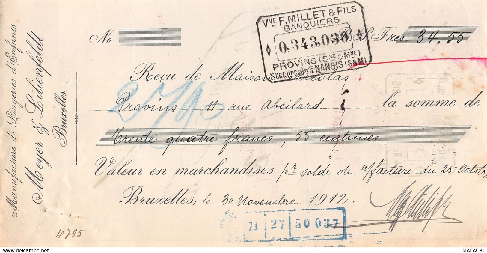 13   -0237   1912   MEYER & LILIENFELDT A BRUXELLES - MAISON NICOLAS A PROVINS-13   0237 - Letras De Cambio