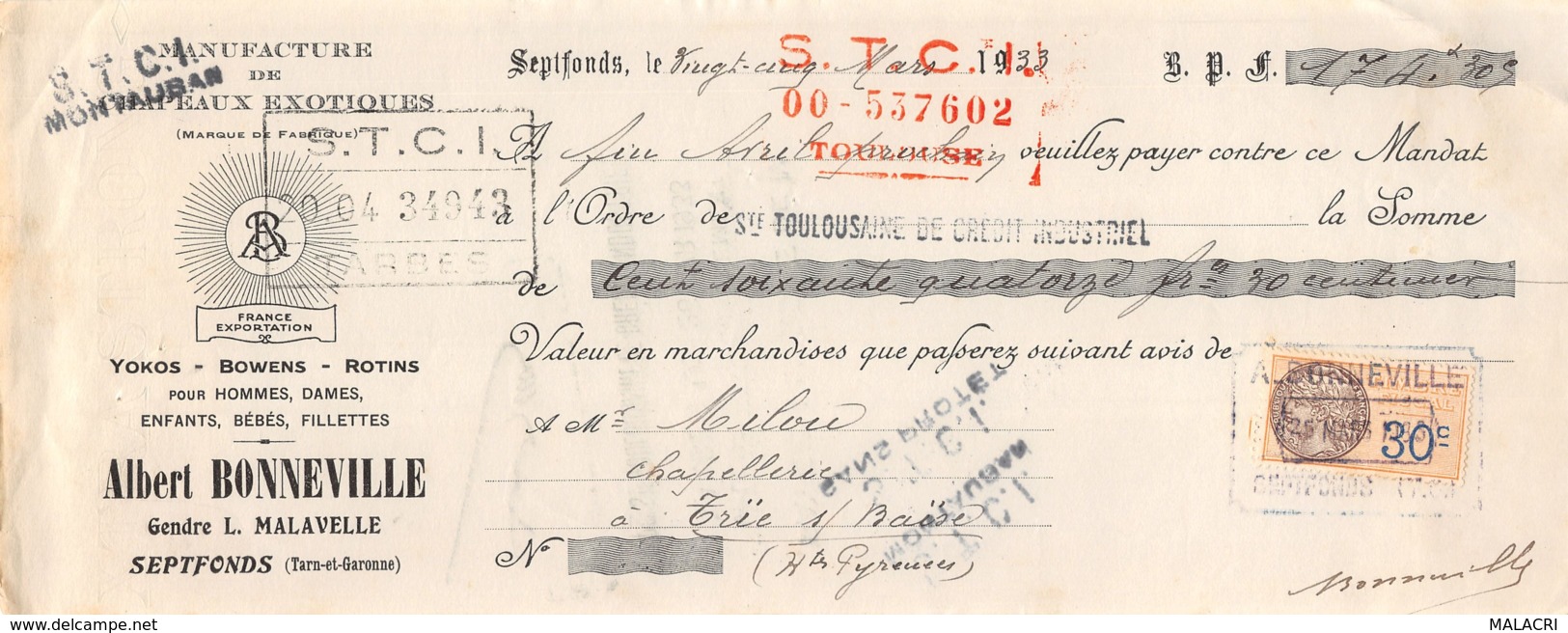 13   -1006    1933    ALBERT BONNEVILLE A SEPTFONDS - M. MILOU A TRIE SUR BAISE-13   1006 - Lettres De Change