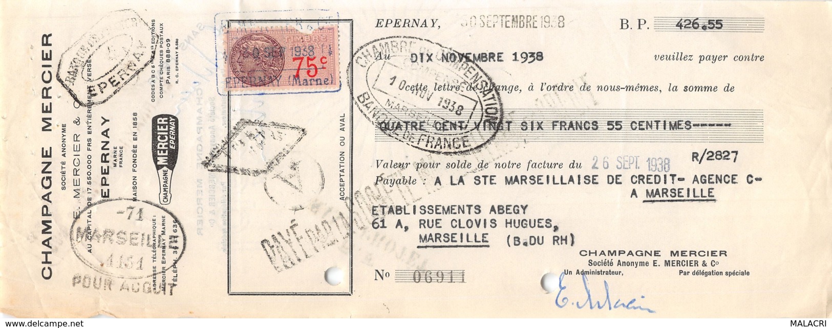 17-0655   1938 CHAMPAGNE MERCIER A EPERNAY - ETS ABEGY A MARSEILLE - Bills Of Exchange