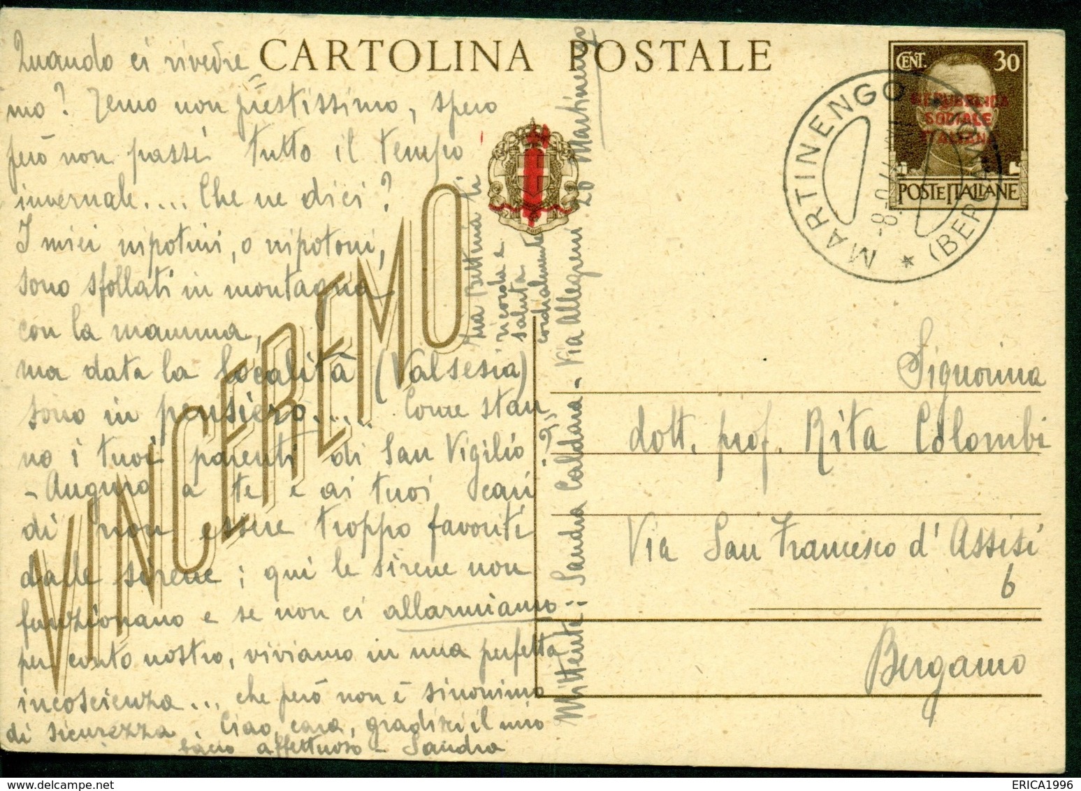 V9150 ITALIA RSI 1944 Cartolina Postale 30 C. Vinceremo Soprast., Fil. C104, Interitalia 102, Da Martinengo (BG) 8.9.44 - Stamped Stationery