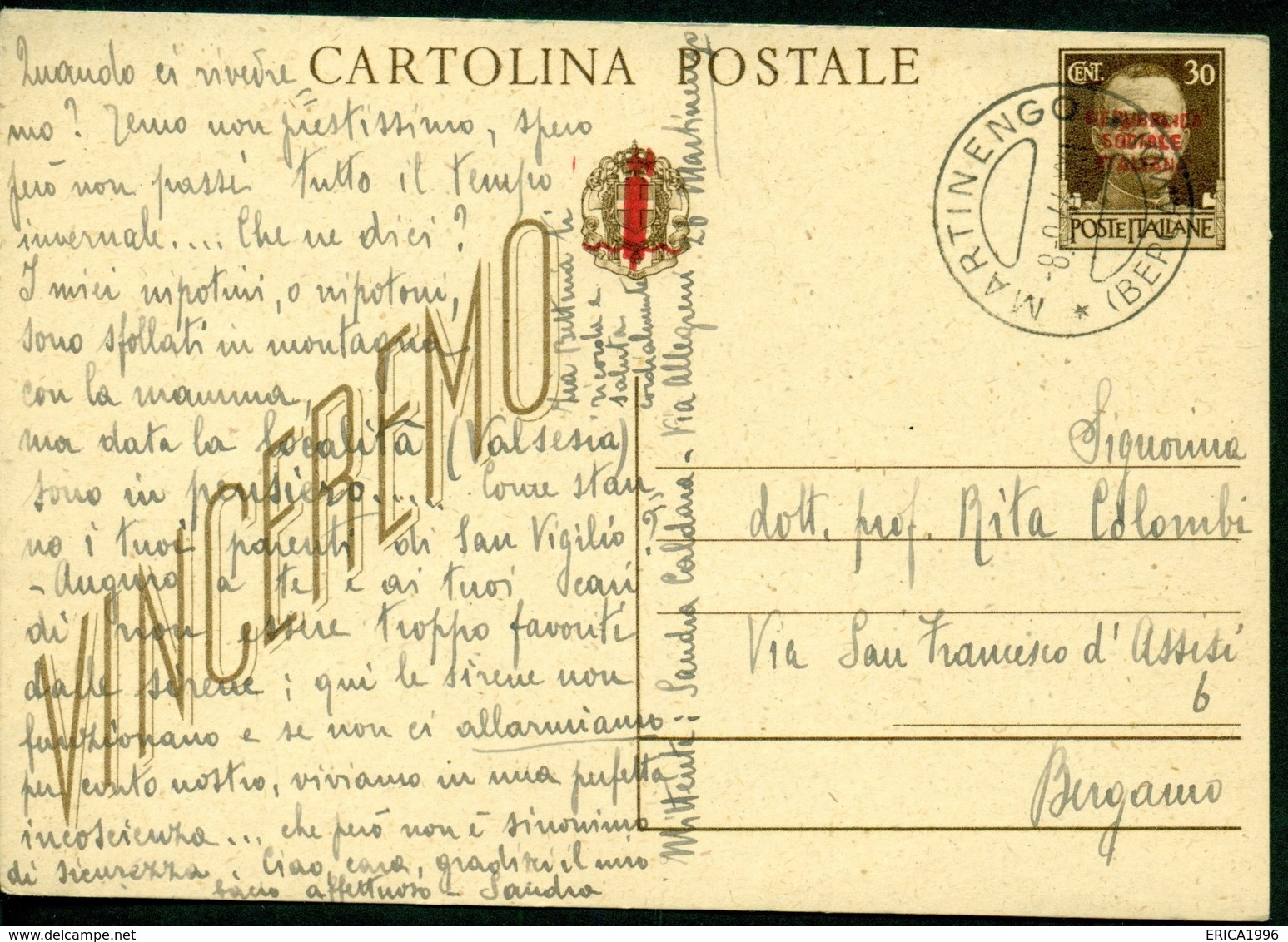 V9150 ITALIA RSI 1944 Cartolina Postale 30 C. Vinceremo Soprast., Fil. C104, Interitalia 102, Da Martinengo (BG) 8.9.44 - Interi Postali
