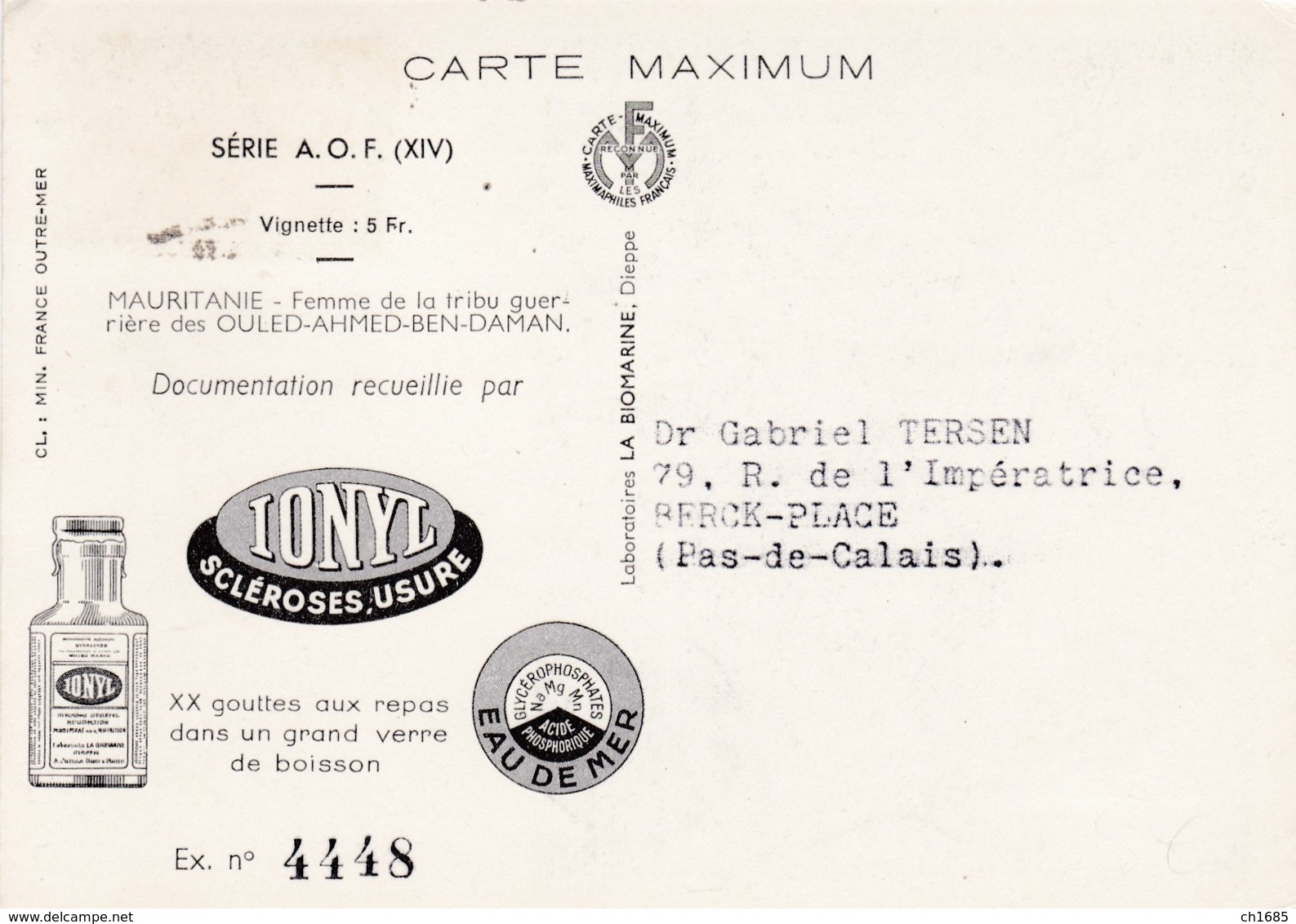 MAURITANIE  :  Carte IONYL  .  Femme De La Tribu Des Ouled-Ahmed-Ben-Daman  . Série AOF  .  Oblitération Dakar - Mauritania