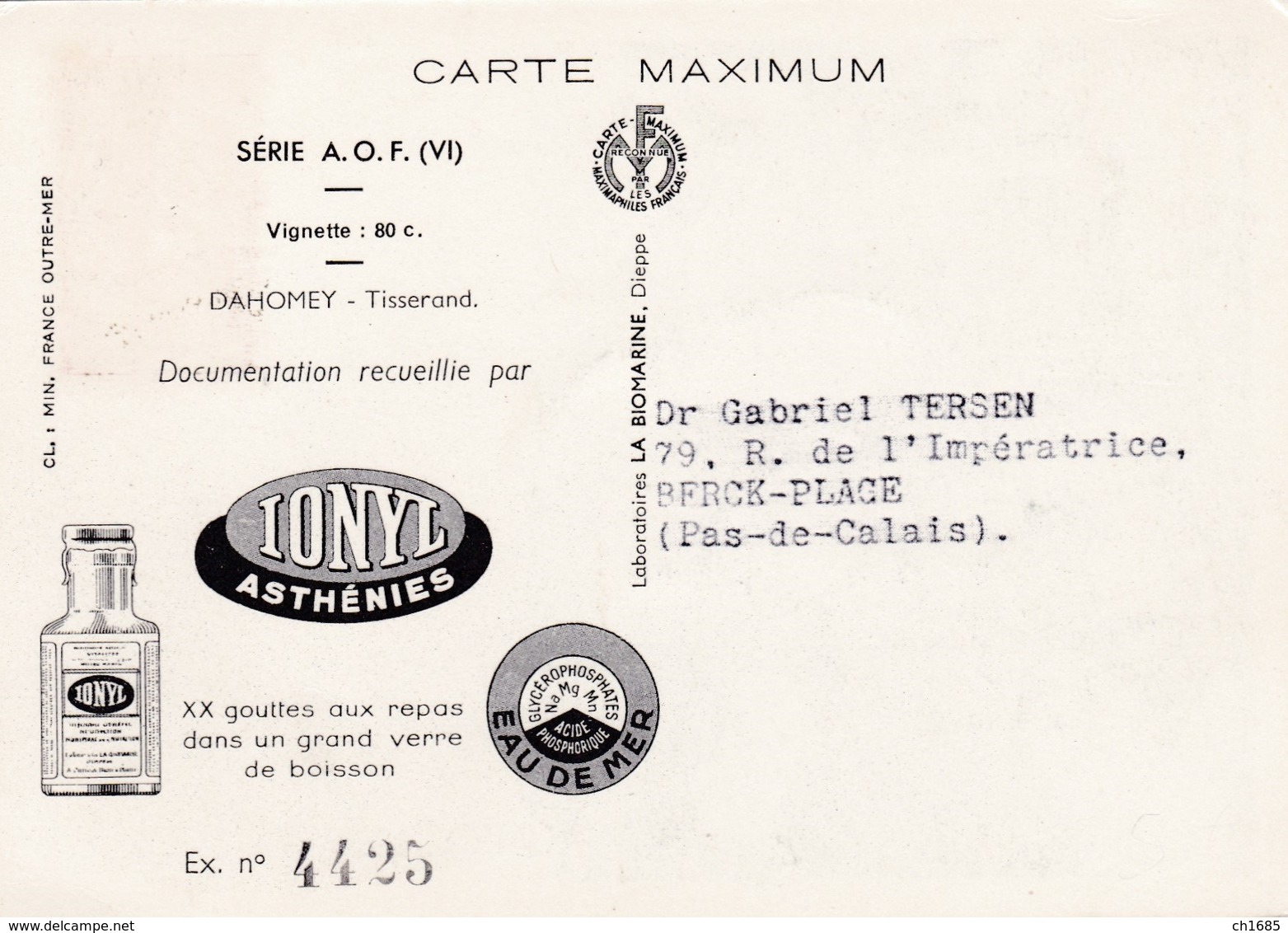 DAHOMEY   :  Carte IONYL  . Un Tisserand . Série AOF  .  Oblitération Dakar - Dahomey