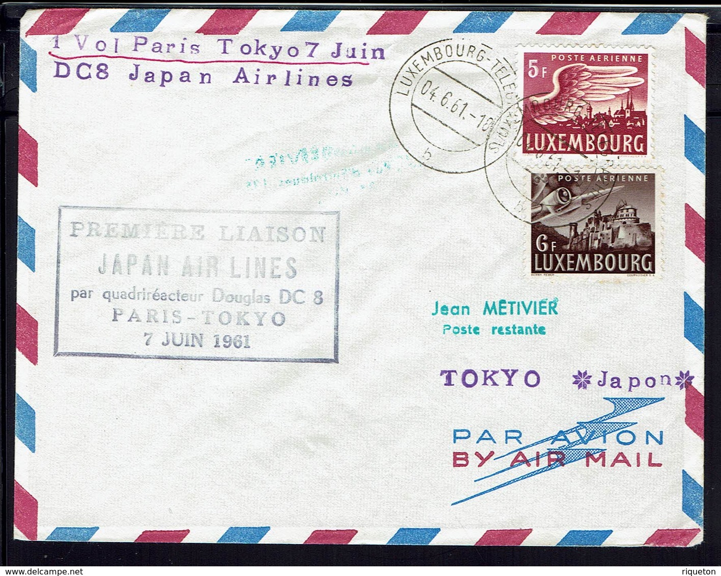 Luxembourg - 1961 - P Aérienne 5 F + 6 F Sur Enveloppe 1er Vol Paris Tokio Par DC 8 Japan Air Lines - B/TB - - Lettres & Documents