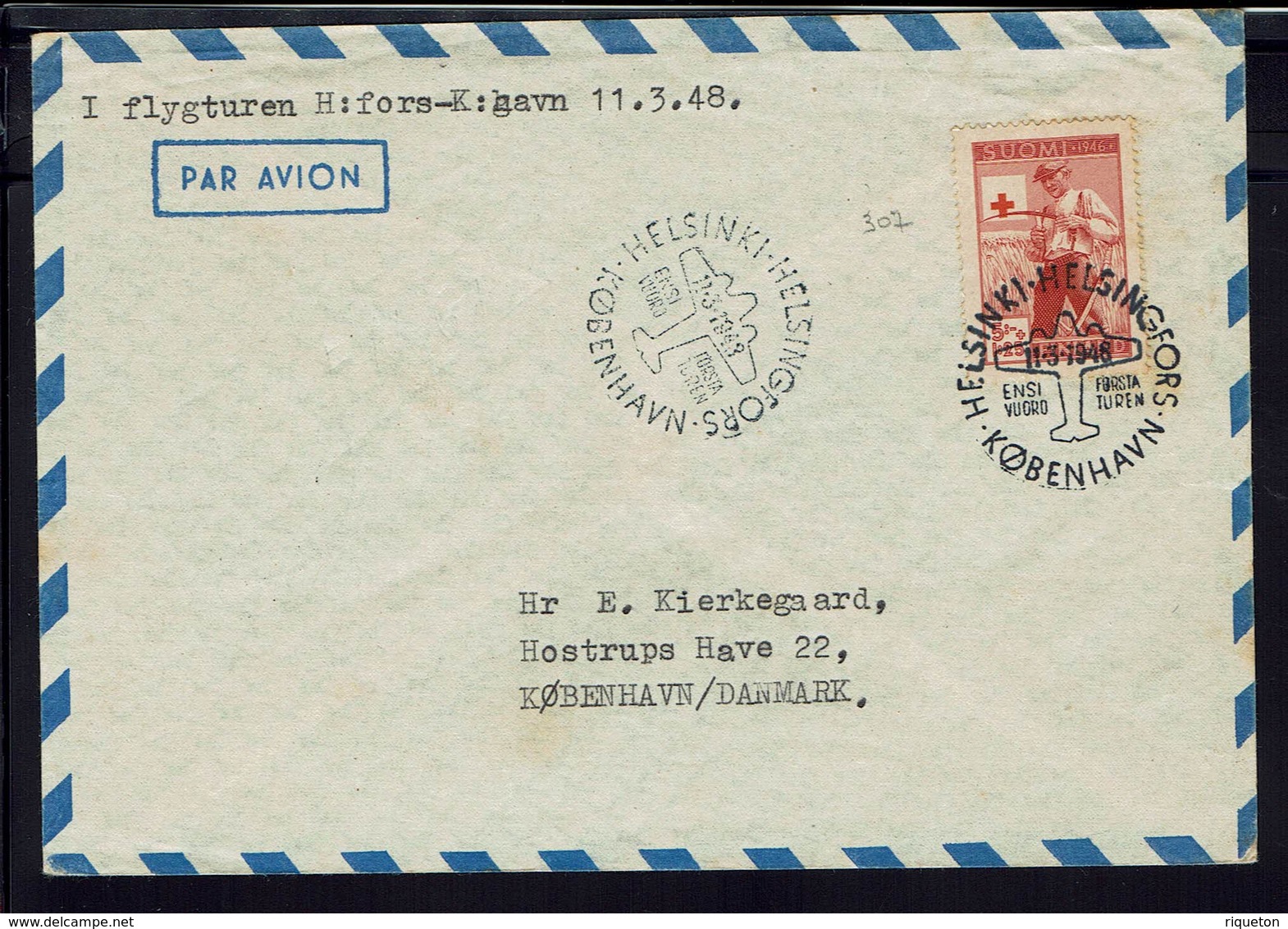 Finlande - Enveloppe Vol Helsinki Kobenhavn - Timbre Croix Rouge N° 307 - Cachets 11-3-1948 - B/TB - - Brieven En Documenten