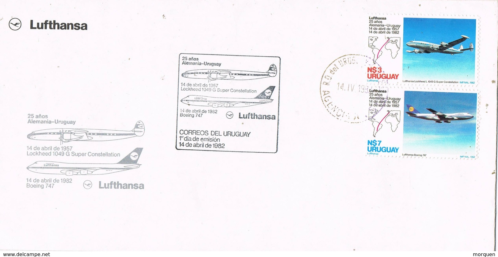 31704. Carta Aerea, 25 Anniversary First Flight URUGUAY- Germany 1982. Lufthansa - Uruguay