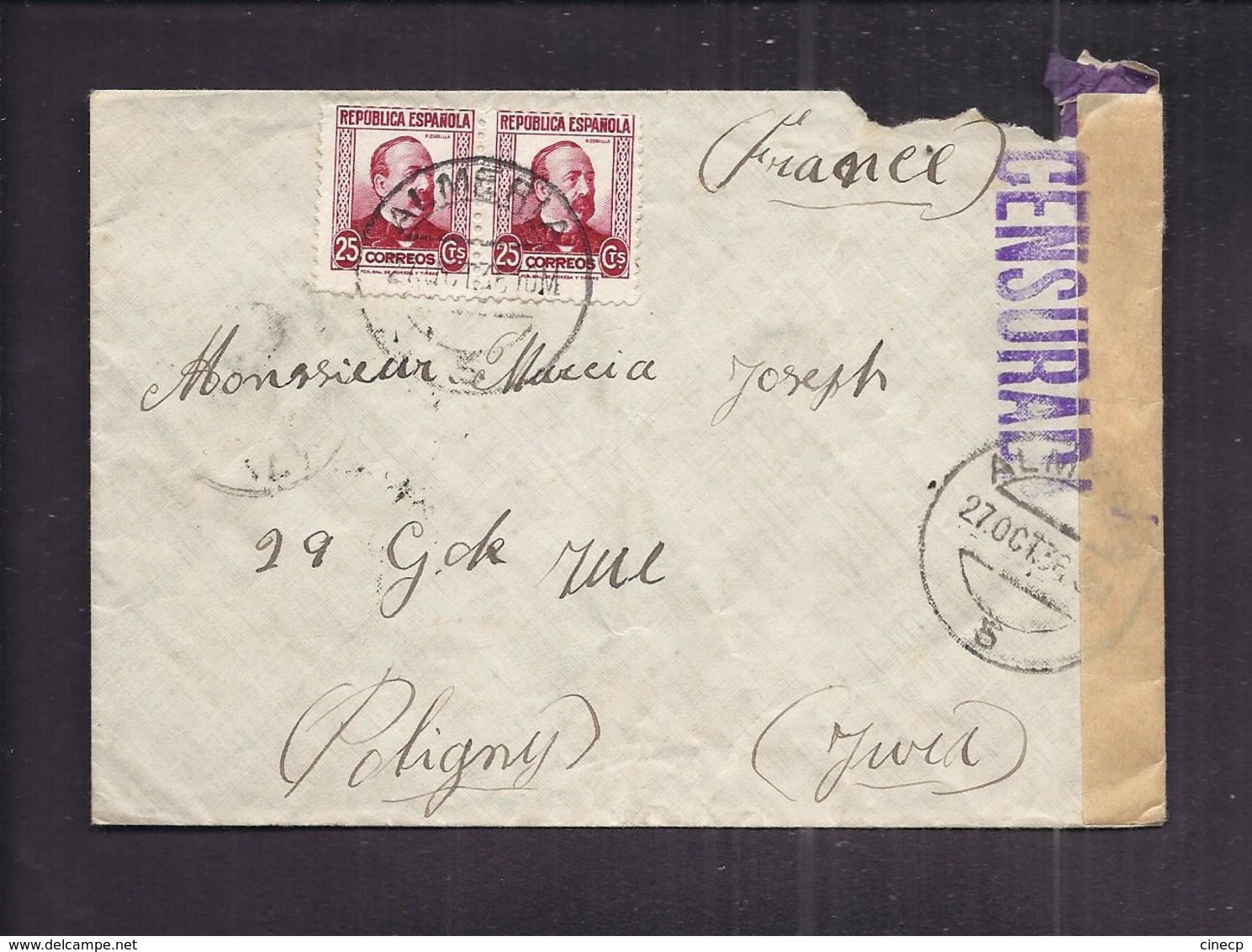 ENVELOPPE GUERRE ESPAGNE Cachet De Censure CENSURADA ALMERIA 27 10 1936 - Marques De Censures Républicaines