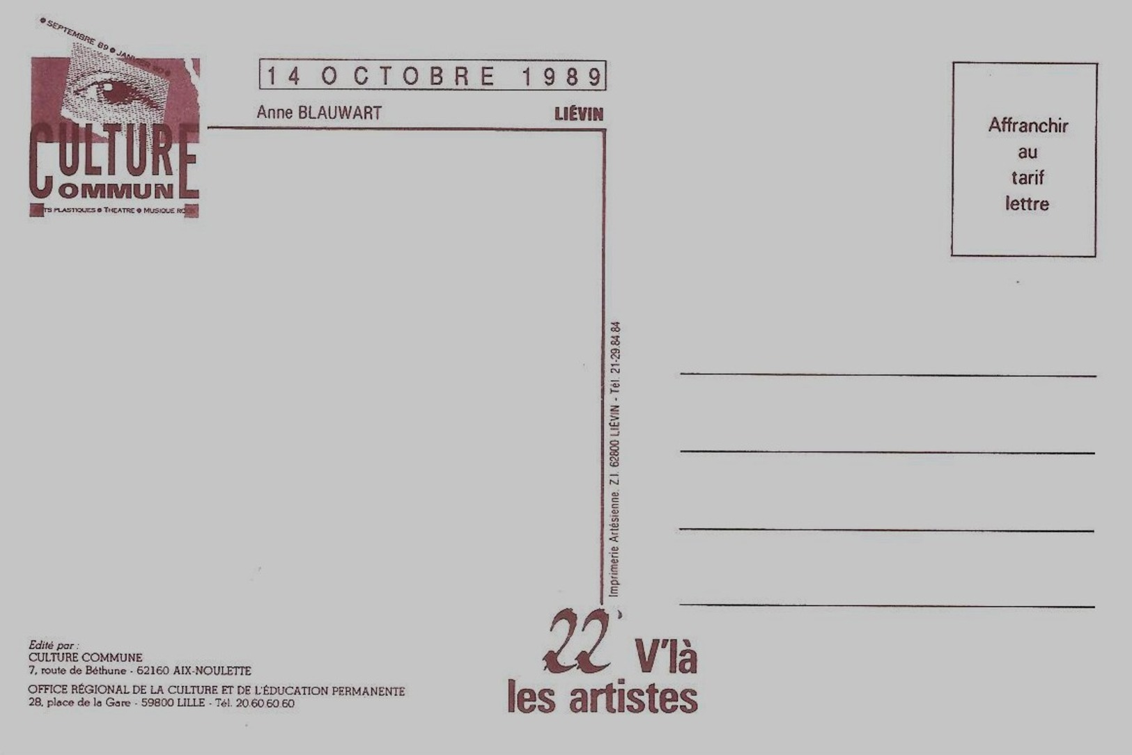 LIEVIN  - 14 Octobre 1989 - 22' Vlà Les Artistes - ED CULTURE COMMUNE - AIX NOULETTE - Lievin