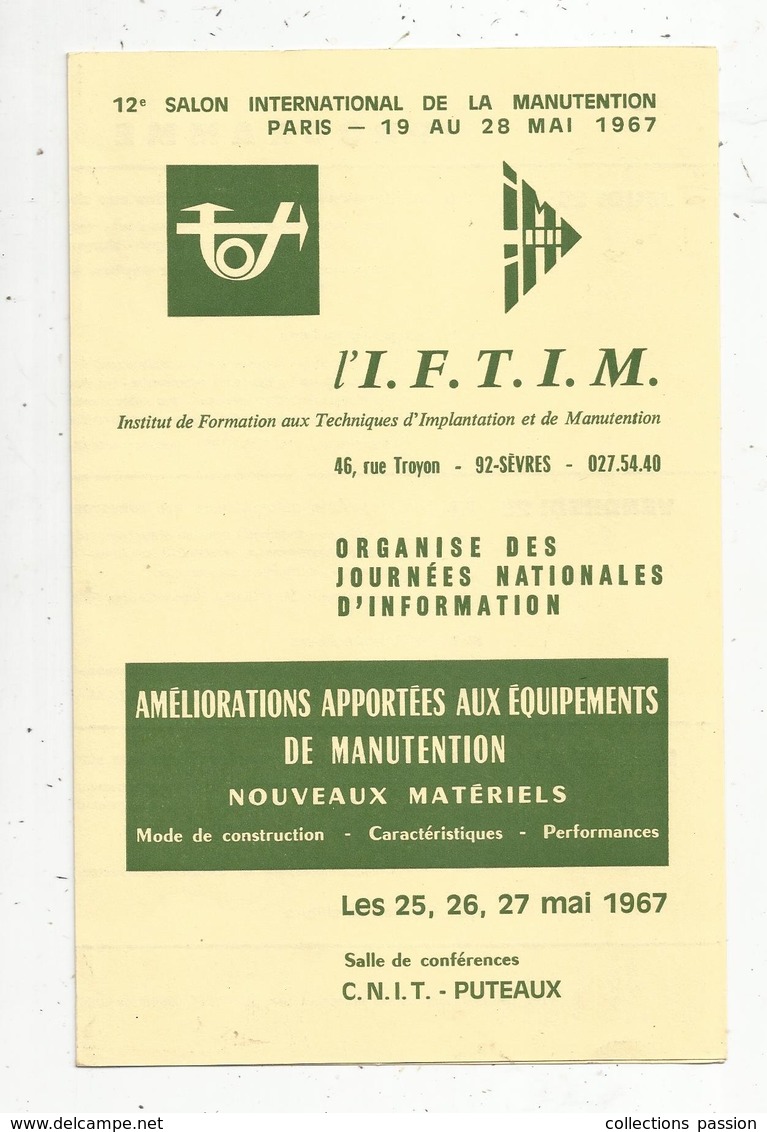 Programme , 12 E Salon International De La Manutention ,1967,C.N.I.T.,PUTEAUX ,2 Scans ,3 Pages ,frais Fr 1.65 E - Programme