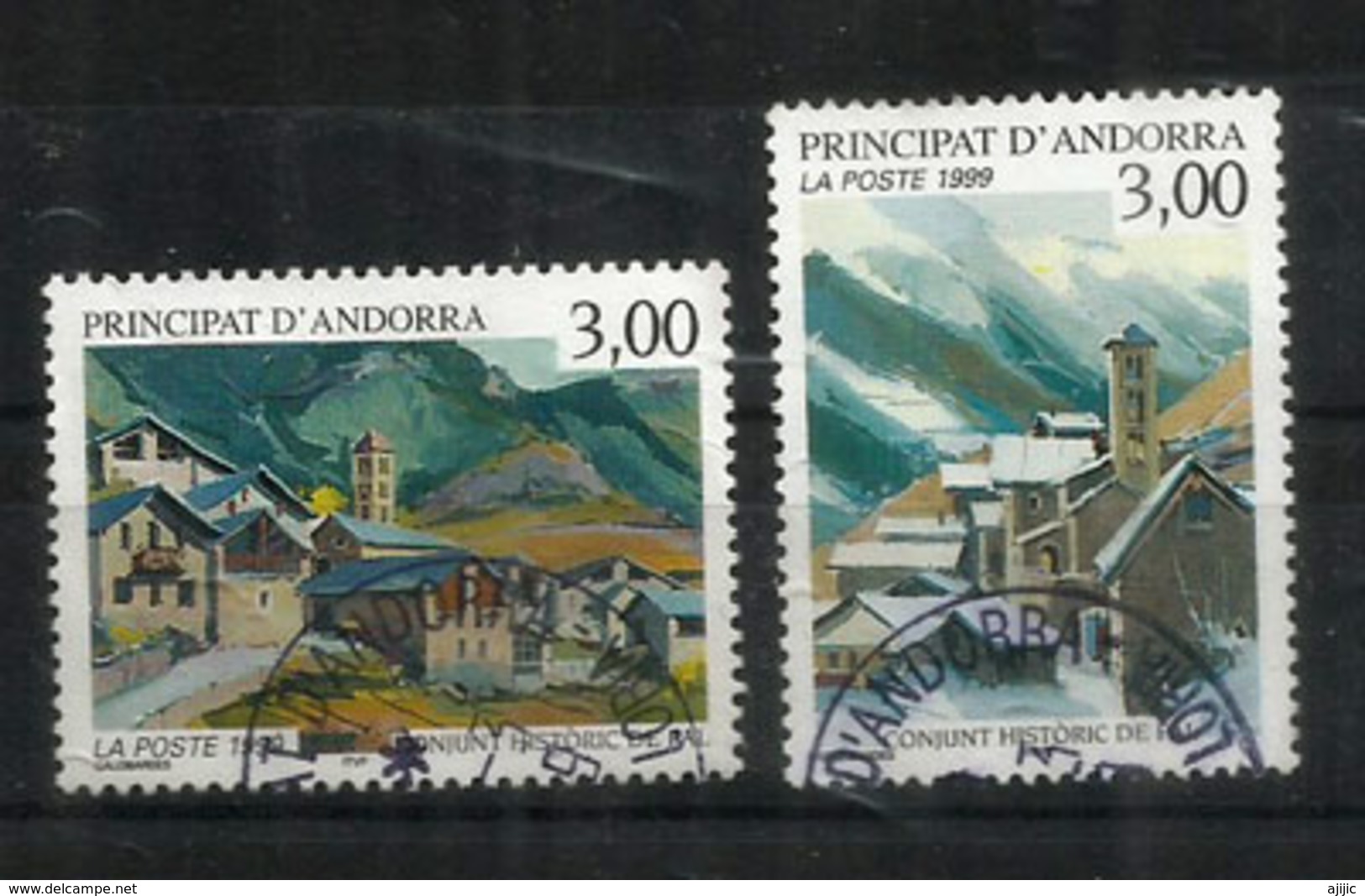 ANDORRA. Église Sant Climent De Pal Et Son Village L'été Et L'hiver. Deux Timbres Oblitérés, 1 ère Qualité - Usati