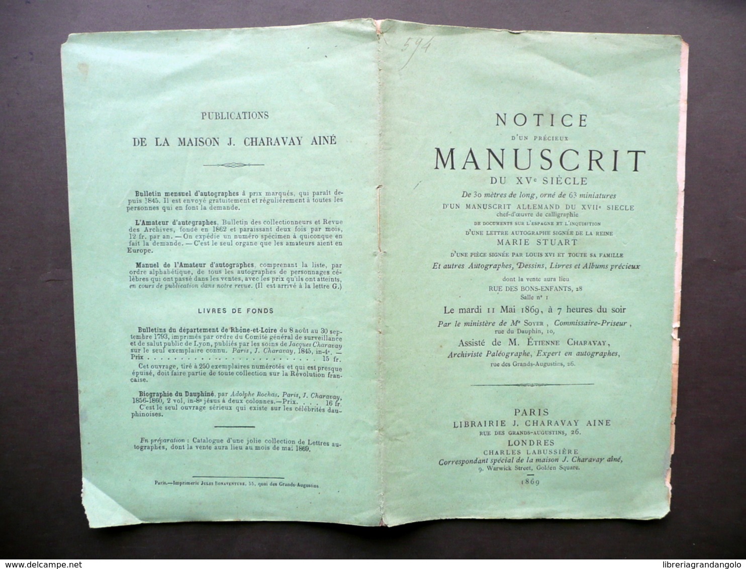 Notice D'un Precieux Manuscrit Autographe Maria Stuart Catalogo Asta Parigi 1869 - Non Classificati