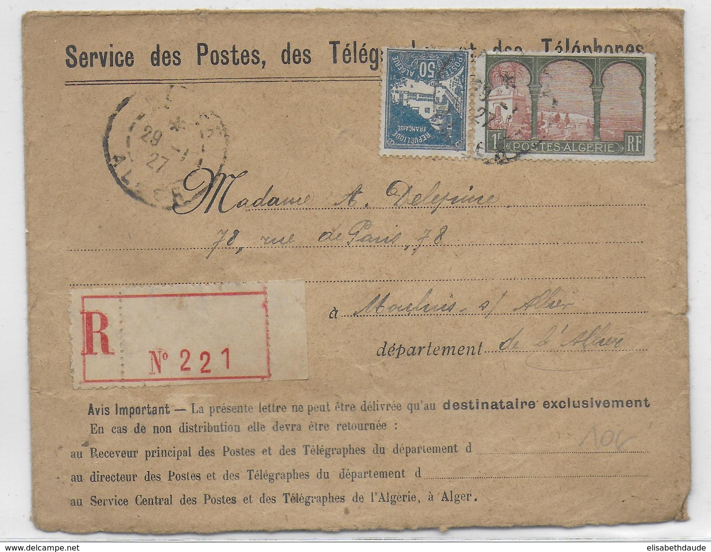 1927 - ALGERIE - ENVELOPPE De SERVICE Des PTT RECOMMANDEE (ETIQUETTE NEUTRE) De ALGER => MOULINS SUR ALLIER - Cartas & Documentos