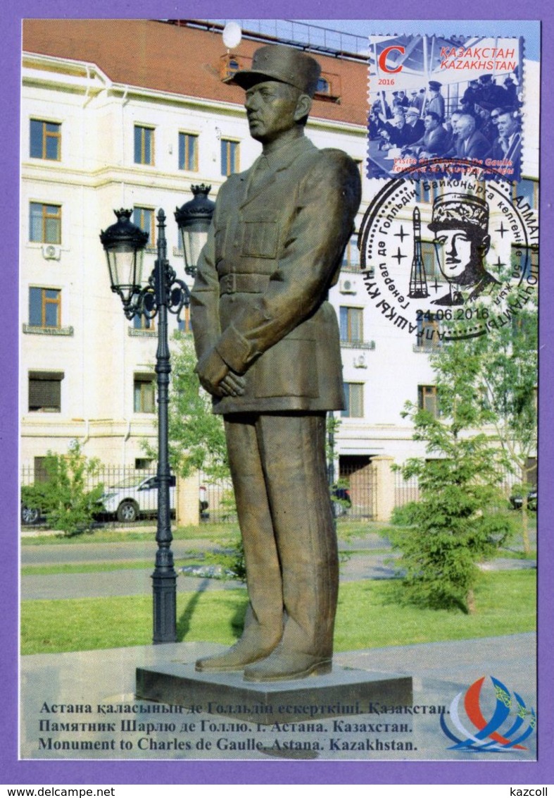 Kazakhstan 2016. Maxicard. The 50th Anniversary Of  De Gaulle's Visit To Baikonur. Maximum Cards. Monument In Astana. - De Gaulle (Generaal)