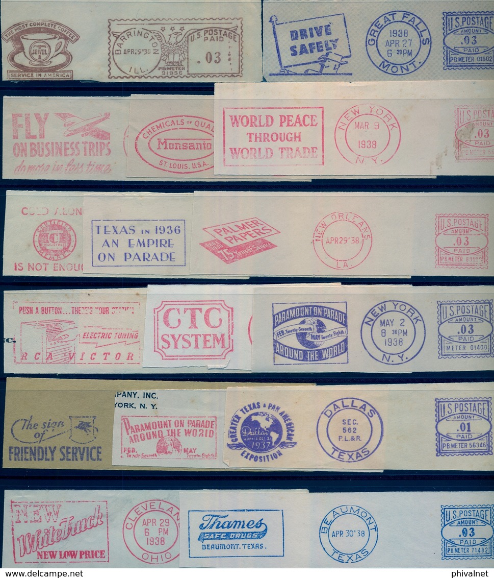 1938 , ESTADOS UNIDOS , LOTE  FRANQUEOS MECÁNICOS PUBLICITARIOS , CAFÉ , RCA VICTOR , MONSANTO , TURISMO, SEGURIDAD VIAL - Cartas & Documentos