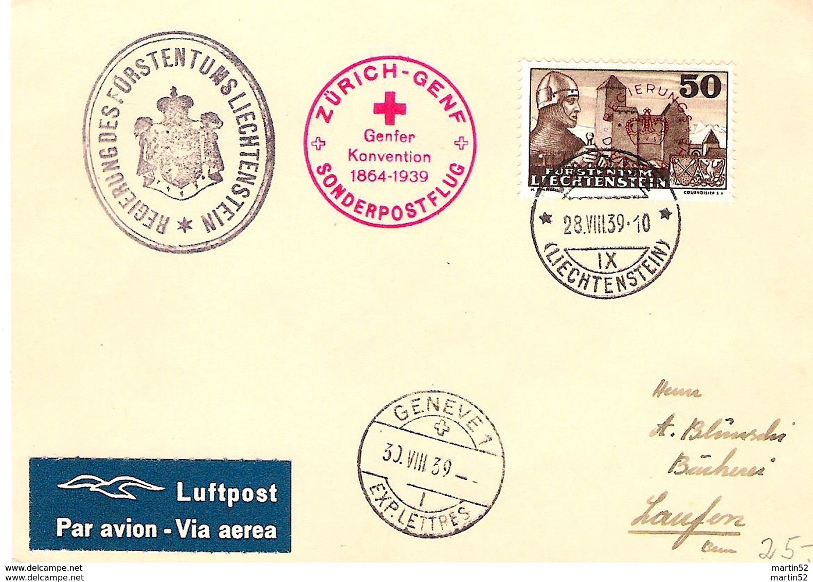 Liechtenstein 1939: Rotkreuz-Flug Zürich > Genf Mit DIENST+MARKE Zu 26 Mi 25 Mit O VADUZ  28.VIII.39 - Dienstmarken