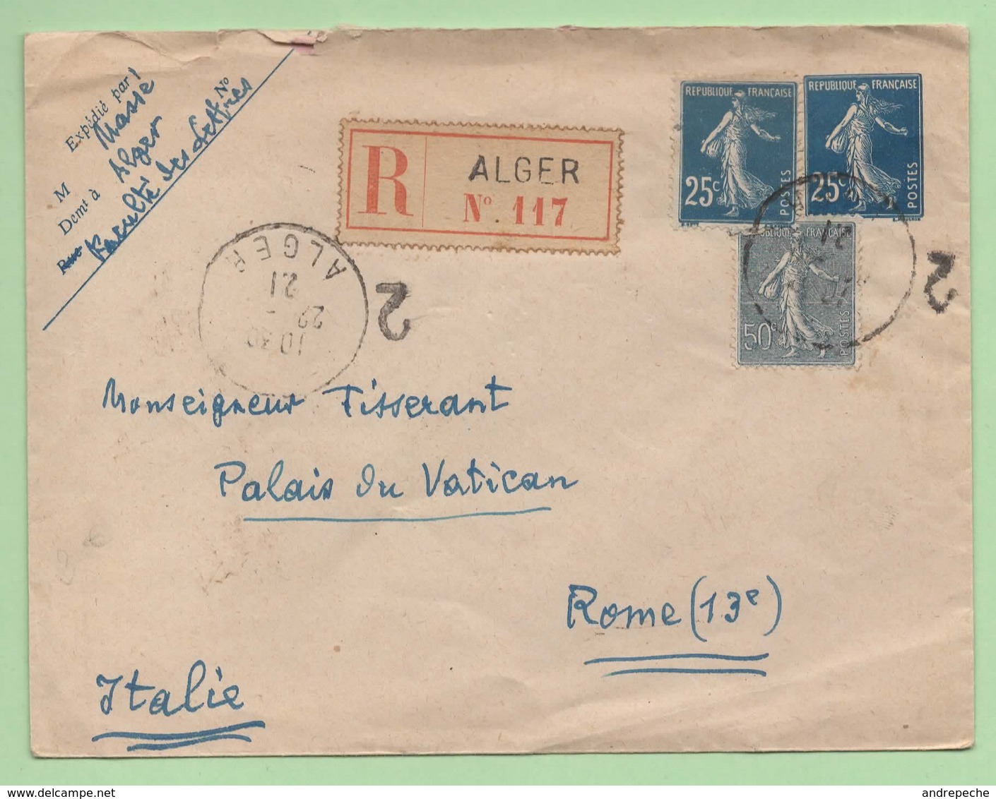 ENTIER 25c SEMEUSE + COMPLEMENT SEMEUSE - LR ALGER Pour VATICAN - 1921 - - Cartes-lettres