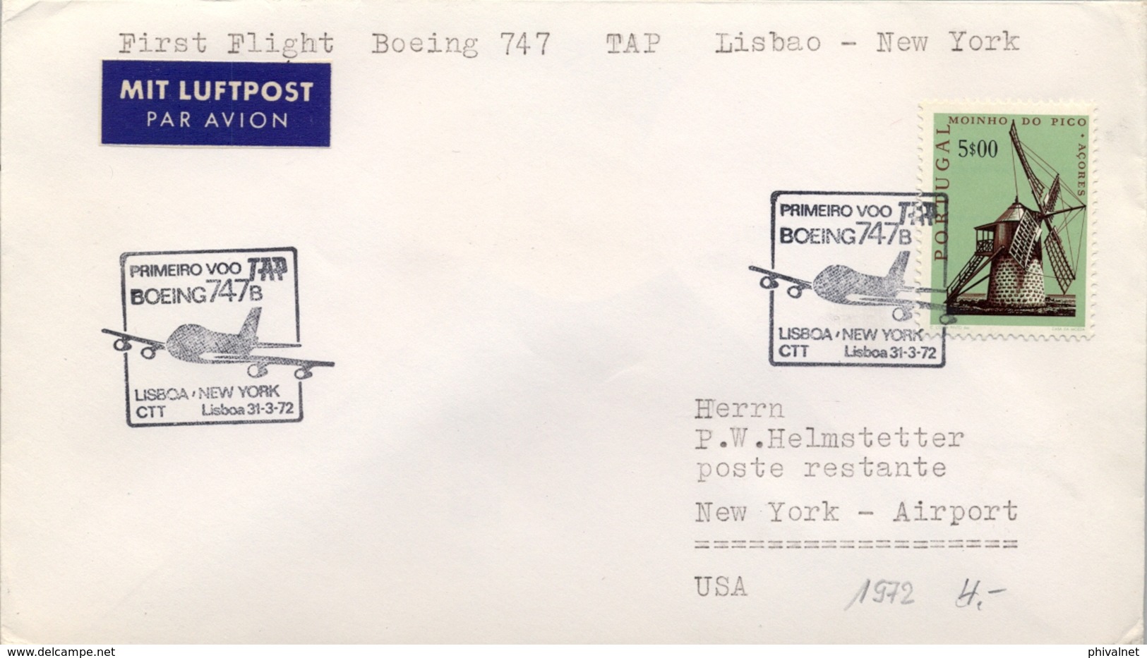 1972 PORTUGAL  , PRIMER VUELO / FIRST FLIGHT , TAP , LISBOA - NEW YORK - Lettres & Documents