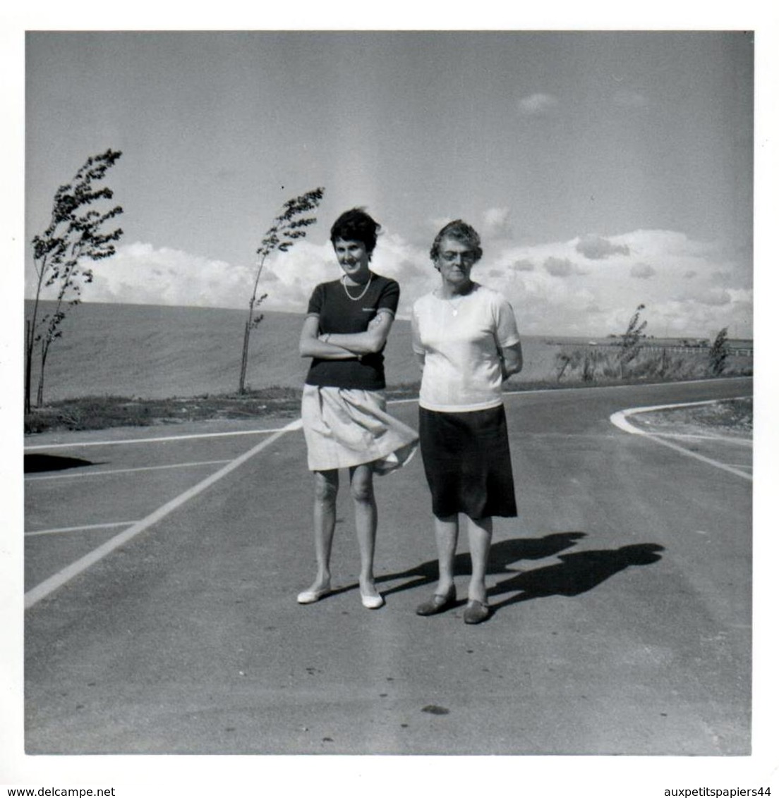 Amusante Photo C. Originale Mère Et Fille à La Mini Jupe & Coiffure Dans Le Vent Accompagnant Les Arbres Penchés 1960/70 - Personnes Anonymes