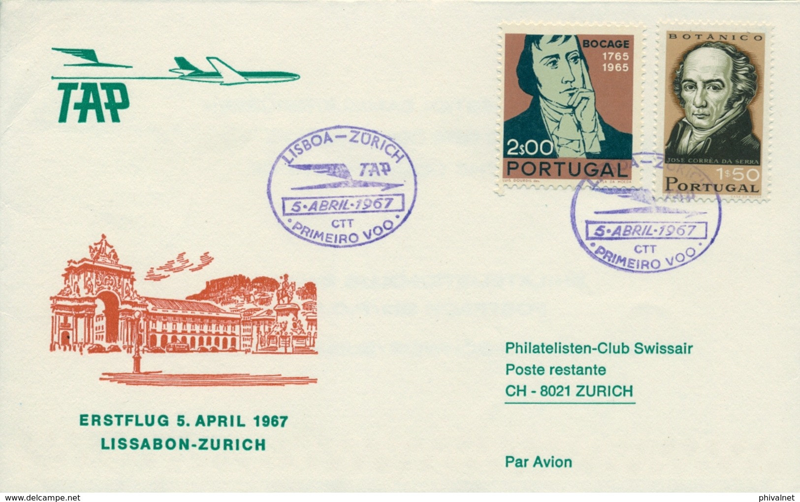 1967 PORTUGAL  , PRIMER VUELO / FIRST FLIGHT , TAP , LISBOA - ZÜRICH - Cartas & Documentos
