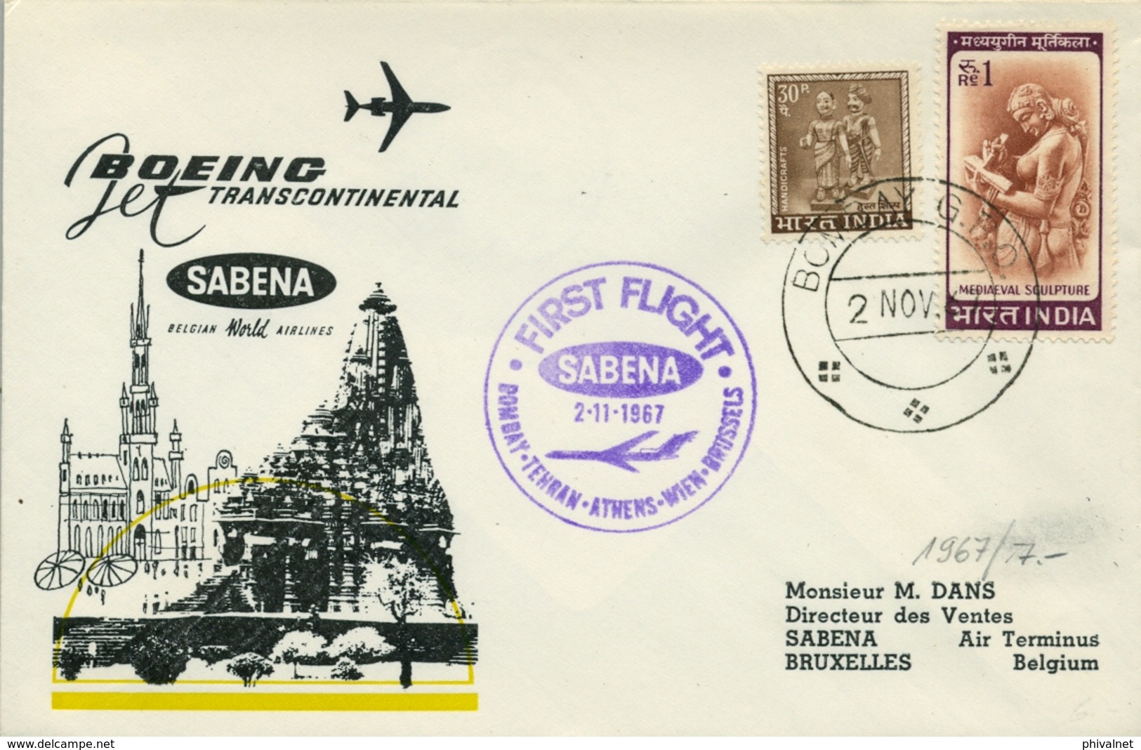 1967 INDIA  , PRIMER VUELO / FIRST FLIGHT , SABENA - BOMBAY - BRUXELLES - Cartas & Documentos