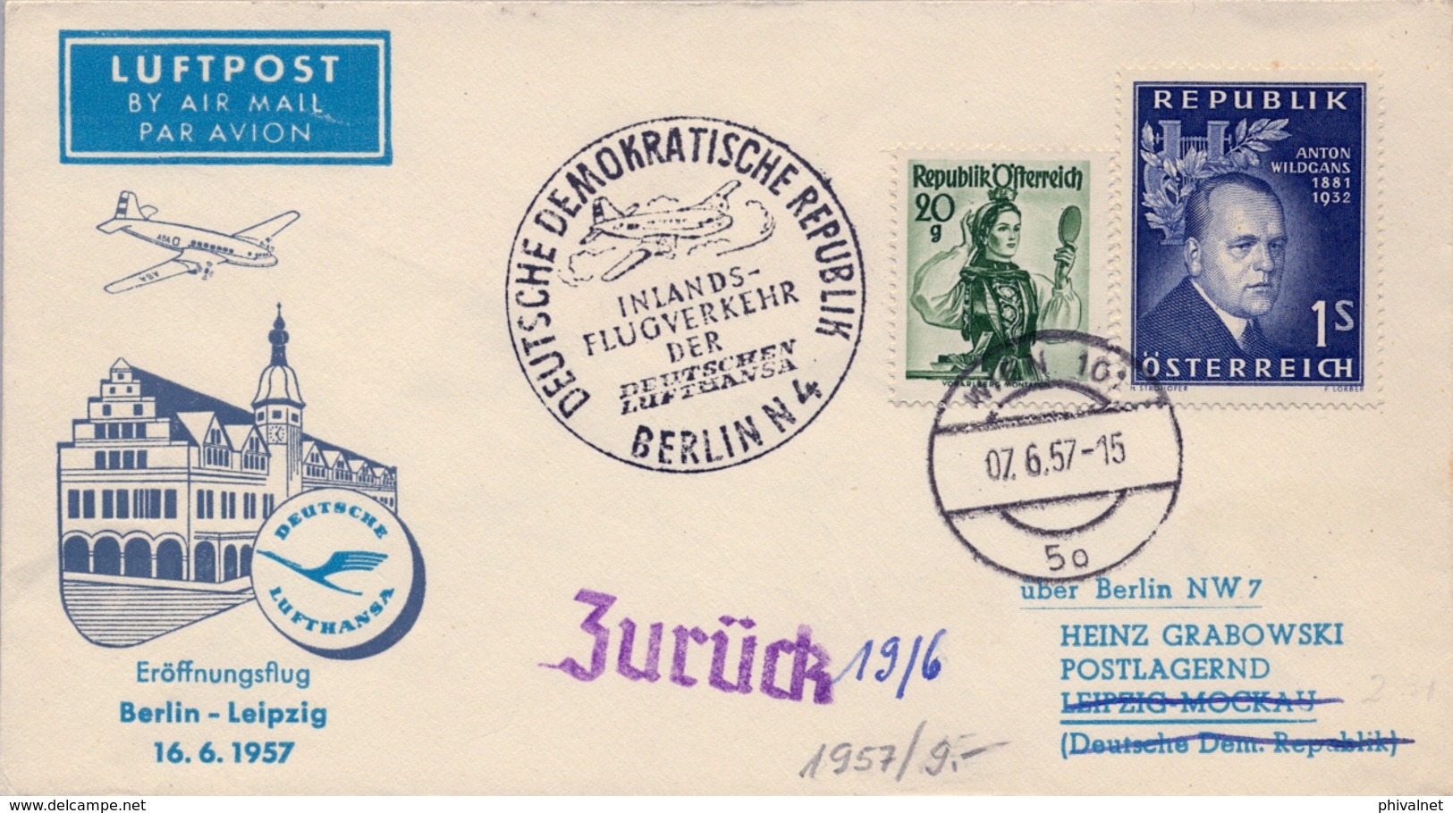 1957 AUSTRIA  , PRIMER VUELO / FIRST FLIGHT , BERLIN - LEIPZIG - Cartas & Documentos
