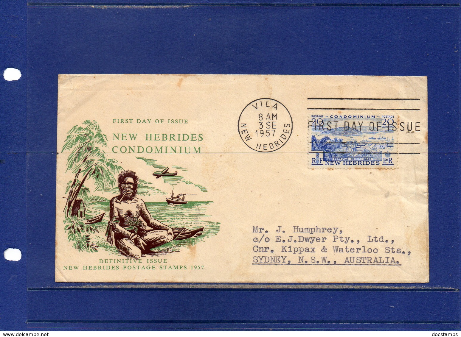 ##(DAN193)-Postal History-New Hebrides 1957-  Definitive 20c.FDC From Vila To Sydney-Australia - Storia Postale
