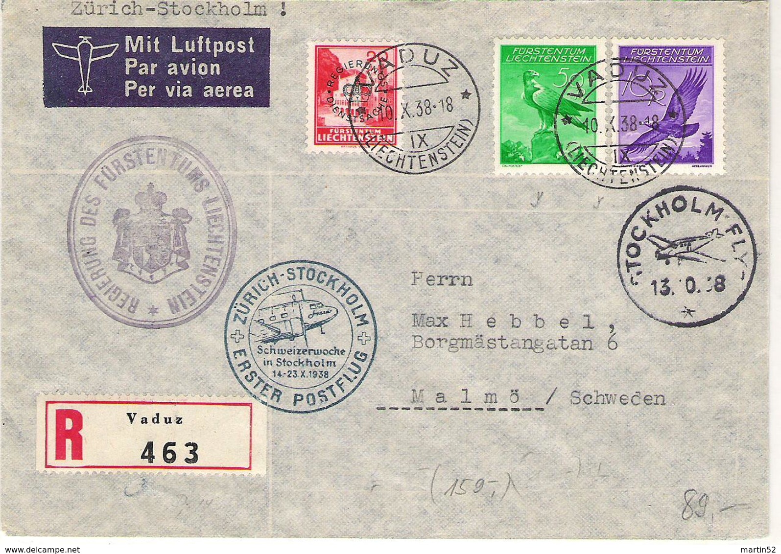 Liechtenstein 1938: Erstflug ZÜRICH > STOCKHOLM R-Brief Zu F9+13 Mi 143+147 DIENST+SACHE No.23 Mi 22 Mit O VADUZ 10.X.38 - Service