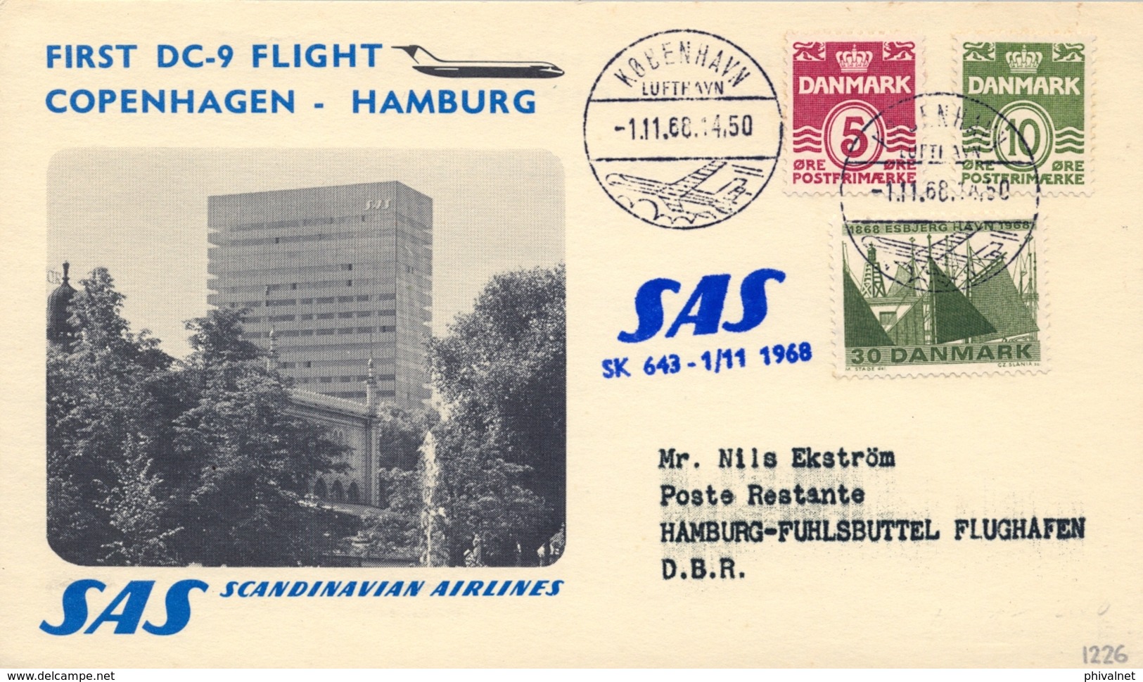 1968 DINAMARCA  , PRIMER VUELO / FIRST FLIGHT , SAS , COPENHAGUE - HAMBURGO - Cartas & Documentos